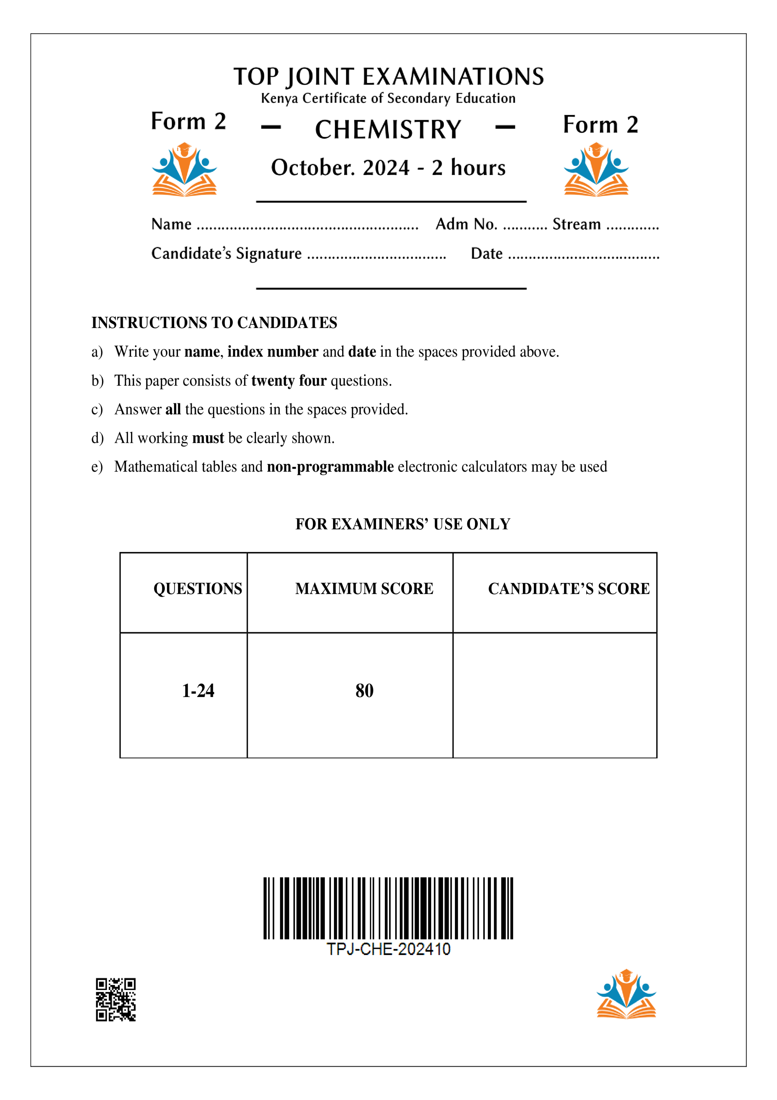 CHEMISTRY FORM 2 END TERM 3 2024