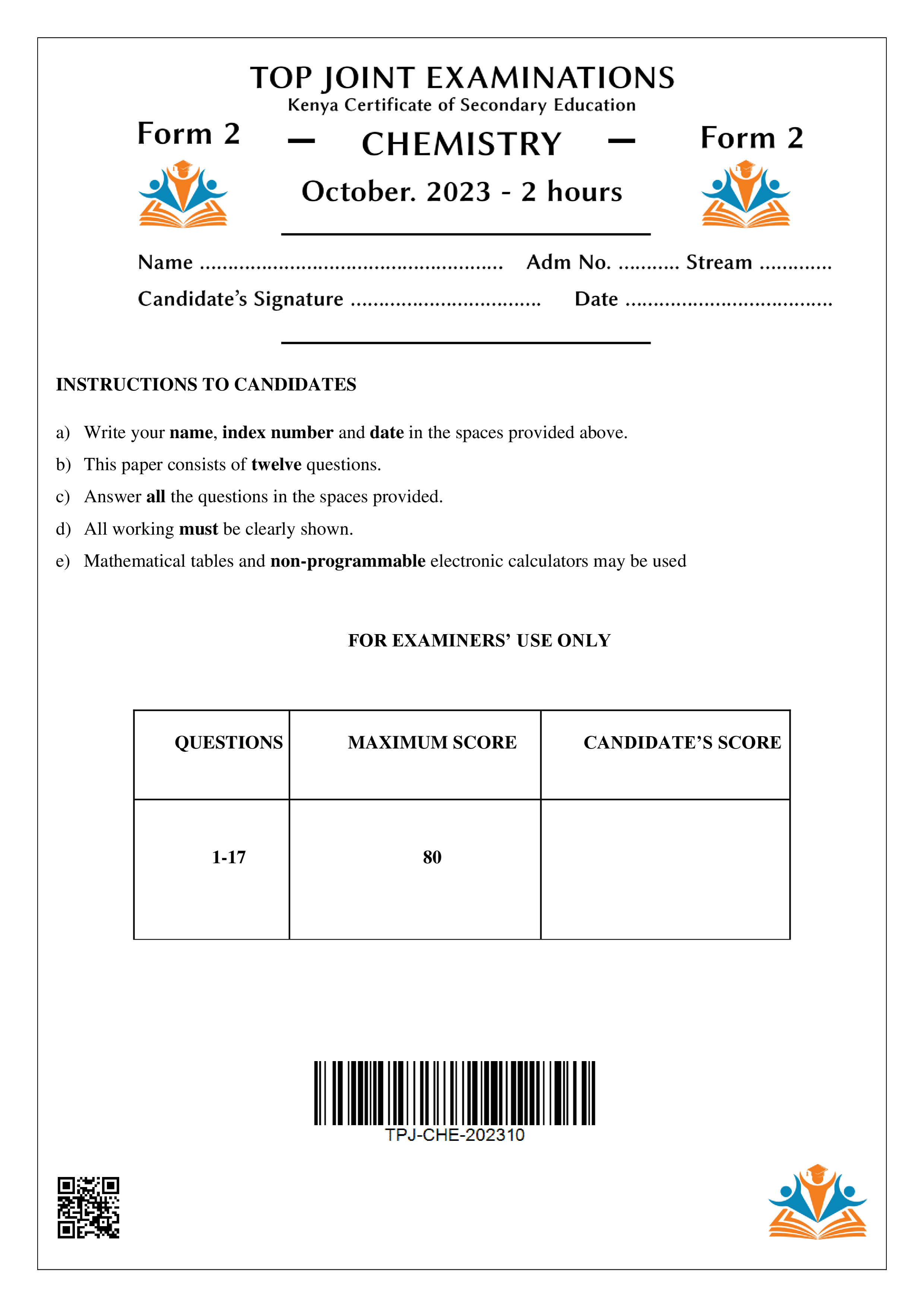 CHEMISTRY FORM 2 END TERM 3 2023