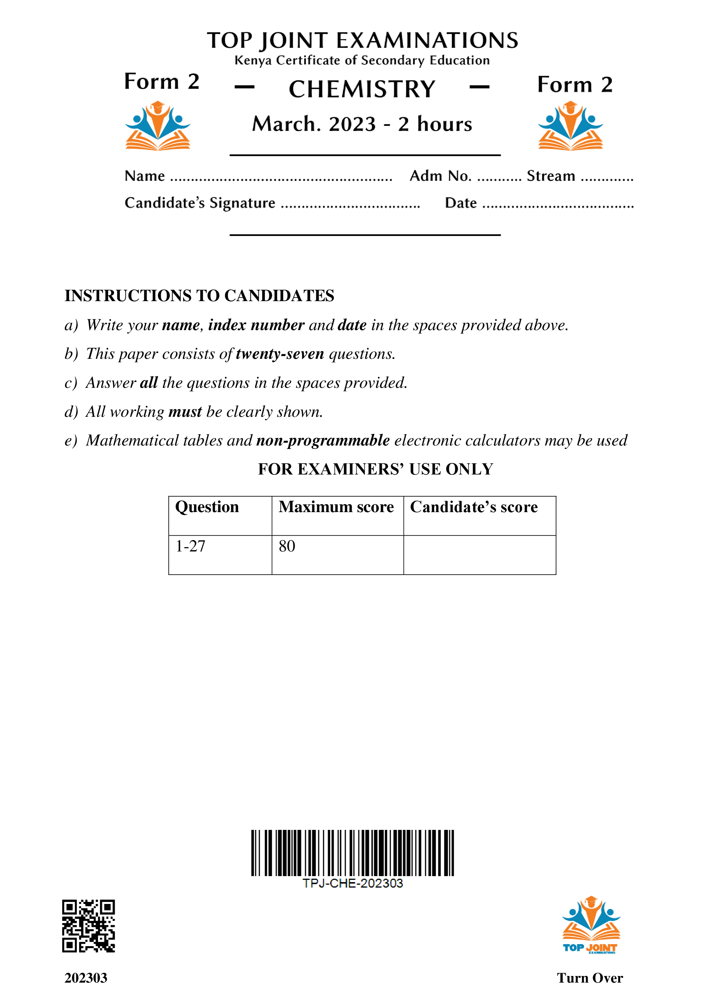 CHEMISTRY FORM 2 MID TERM 1 2023