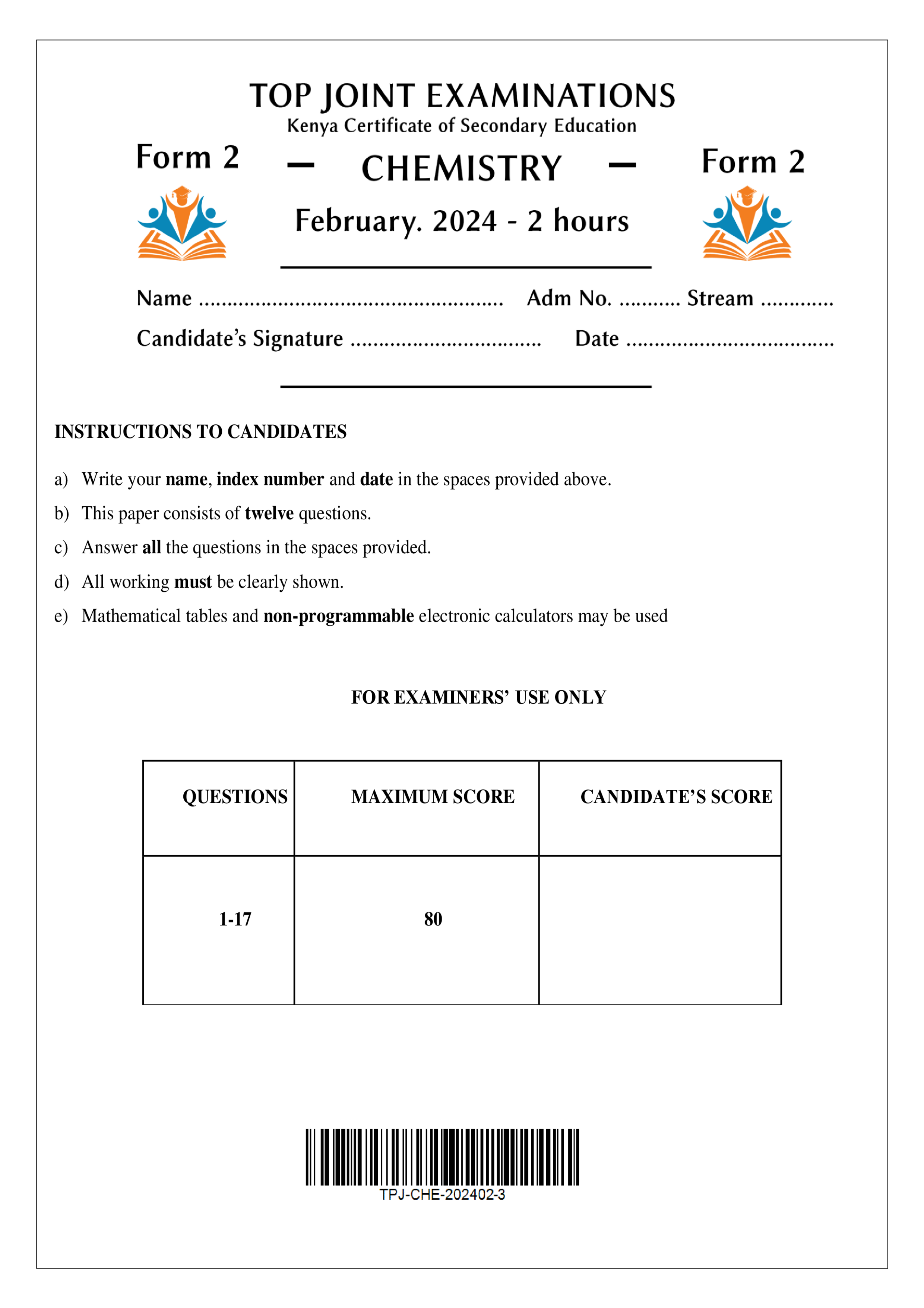 CHEMISTRY FORM 2 MID TERM 1 2024