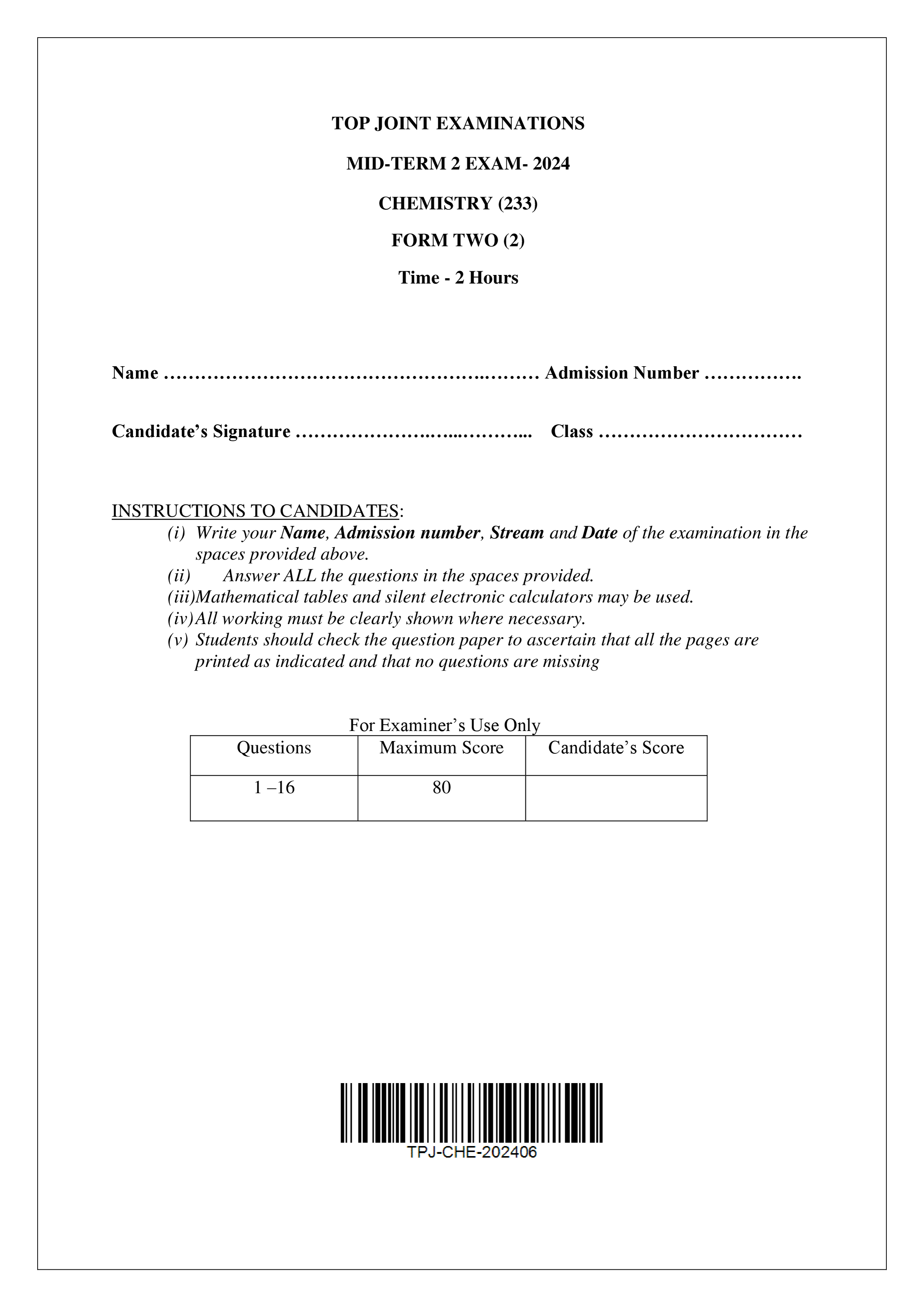 CHEMISTRY FORM 2 MID TERM 2 2024