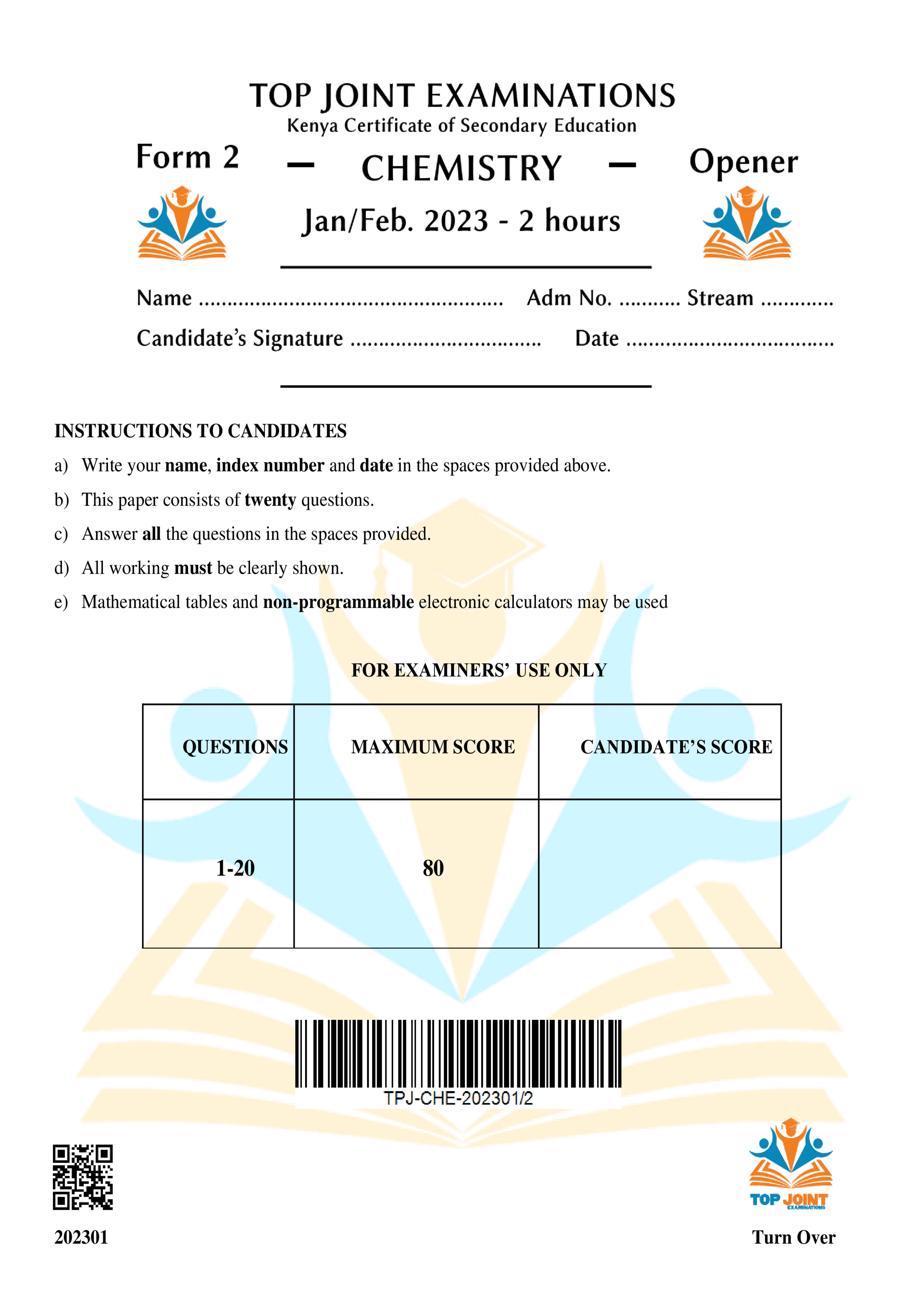 CHEMISTRY FORM 2 OPENER TERM 1 2023
