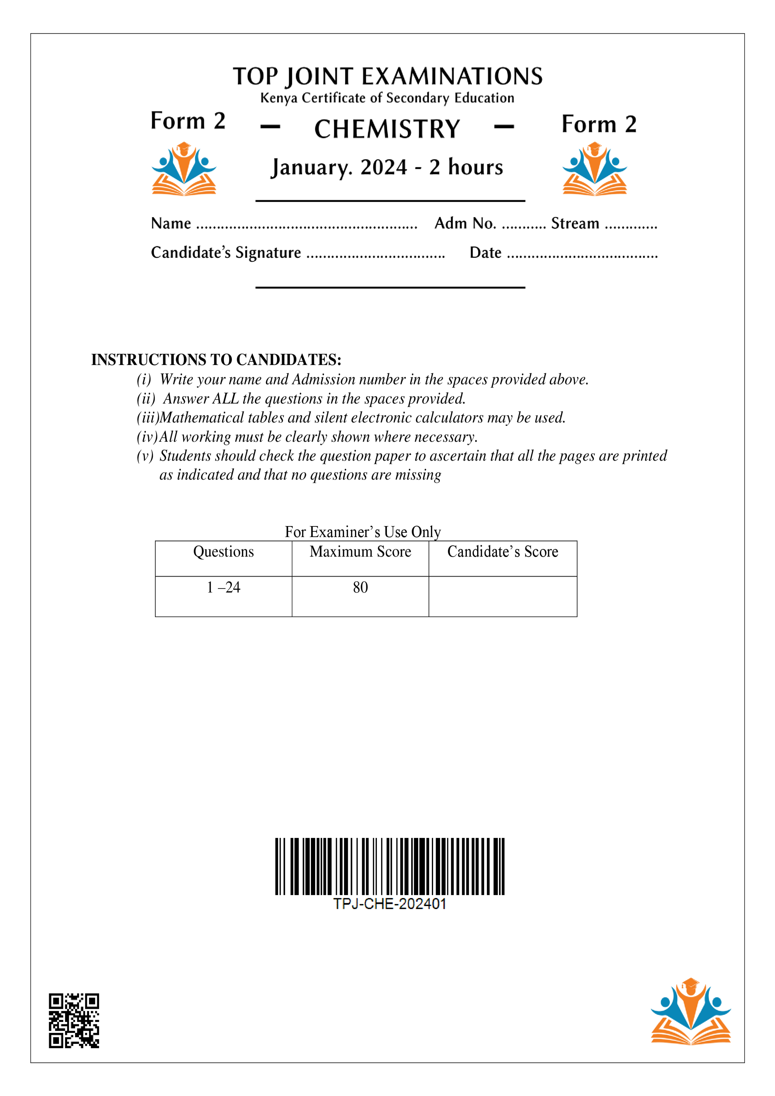CHEMISTRY FORM 2 OPENER TERM 1 2024