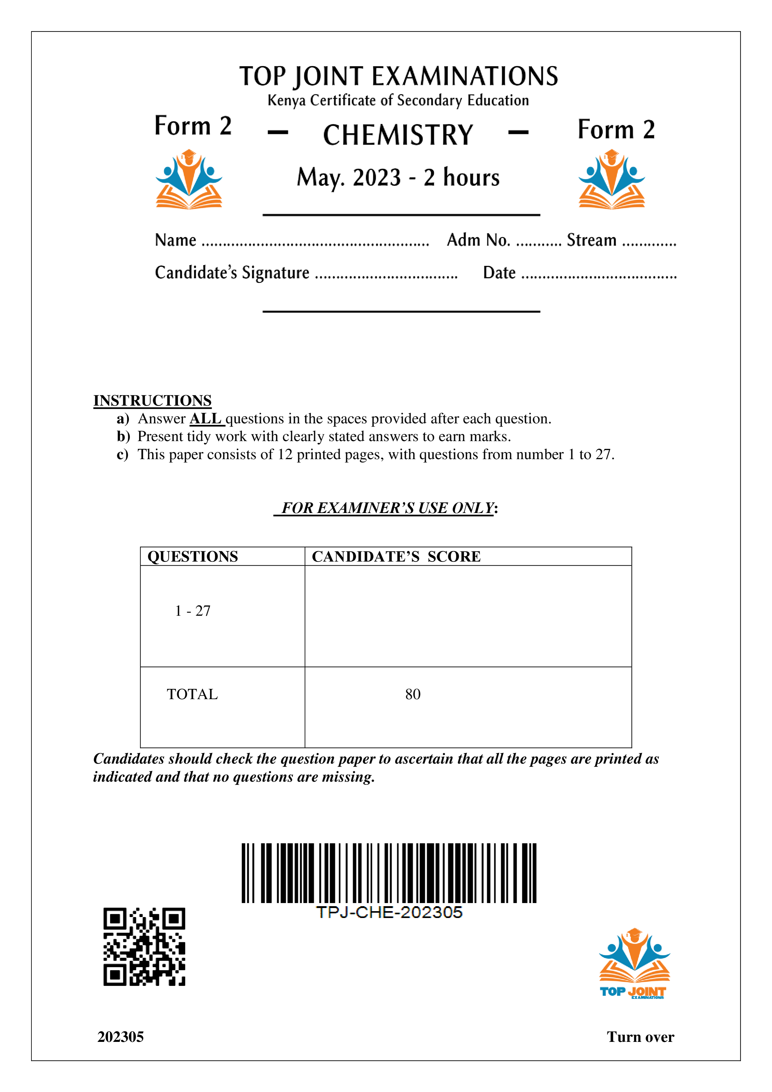 CHEMISTRY FORM 2 OPENER TERM 2 2023