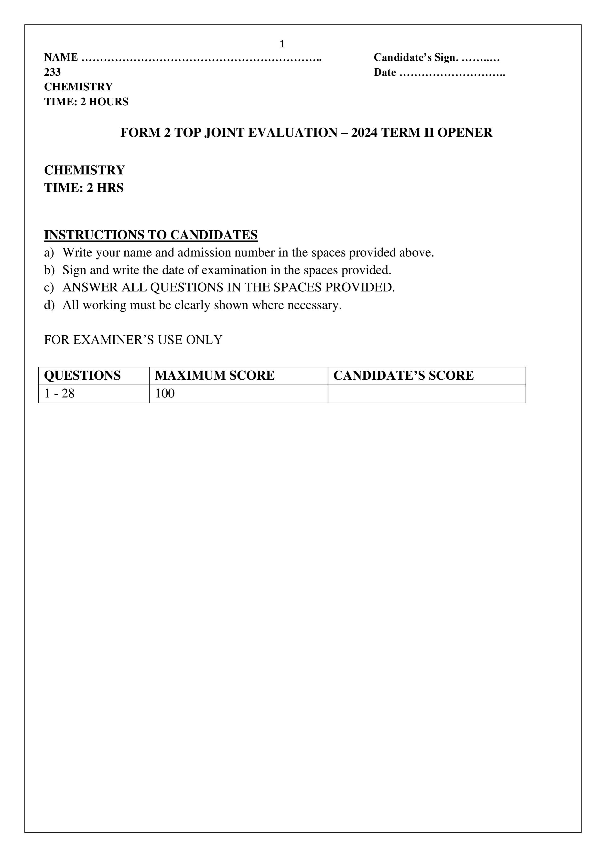 CHEMISTRY FORM 2 OPENER TERM 2 2024