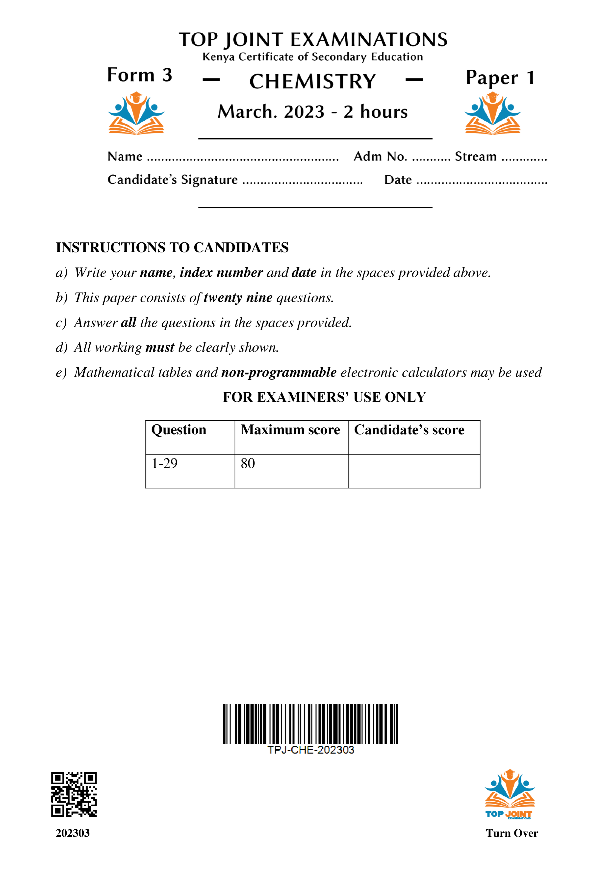 CHEMISTRY FORM 3 MID TERM 1 2023