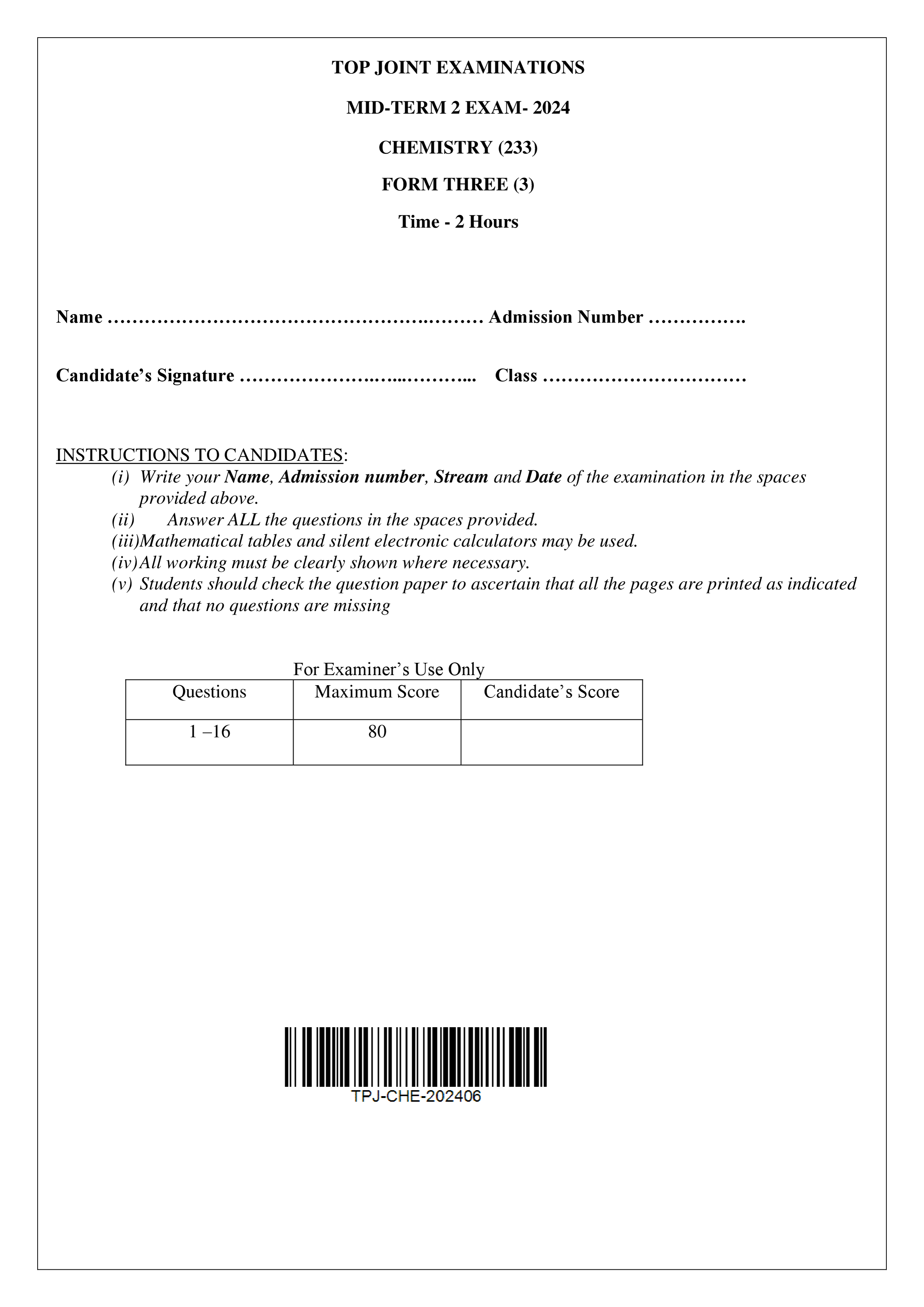 CHEMISTRY FORM 3 MID TERM 2 2024
