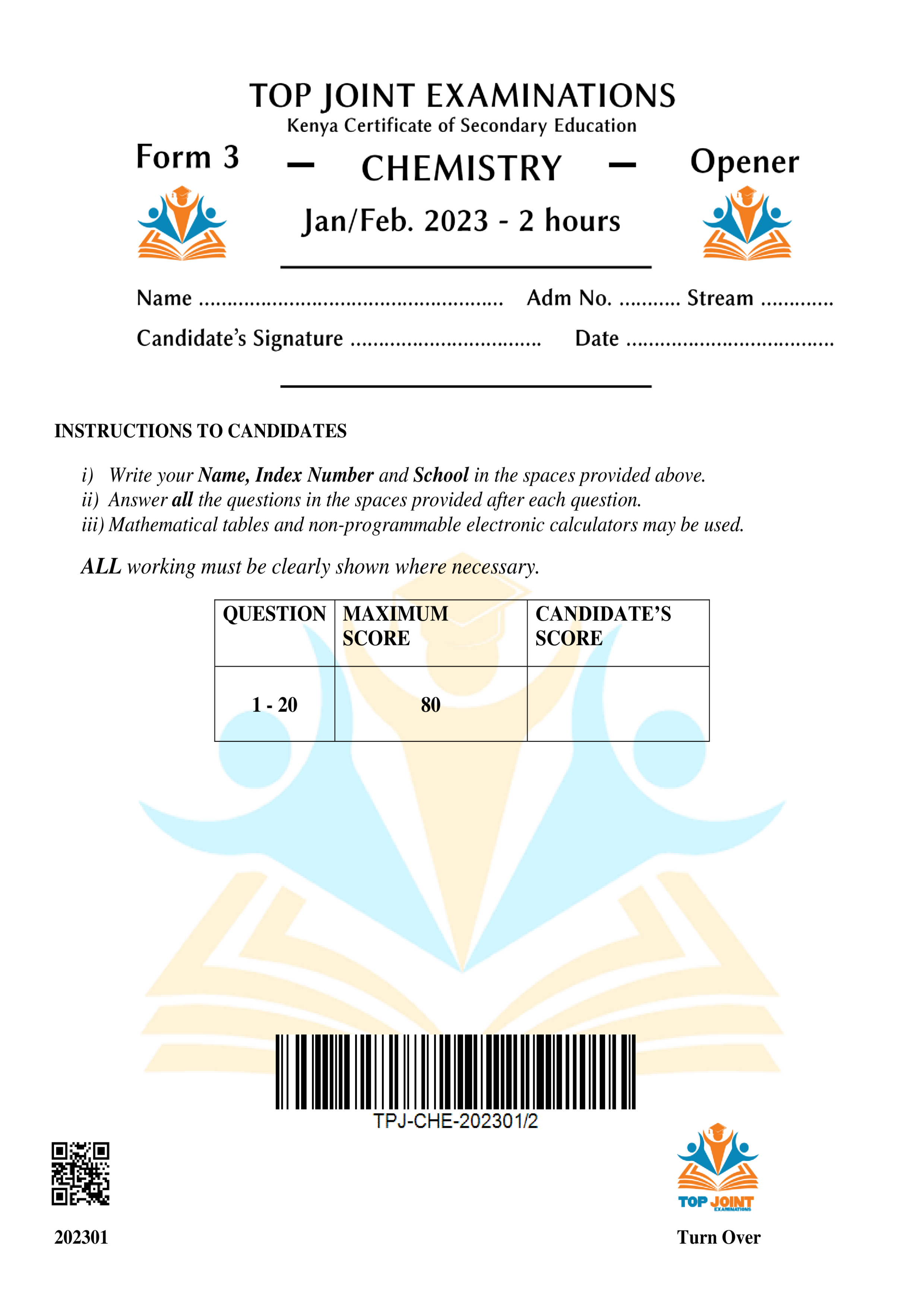 CHEMISTRY FORM 3 OPENER TERM 1 2023
