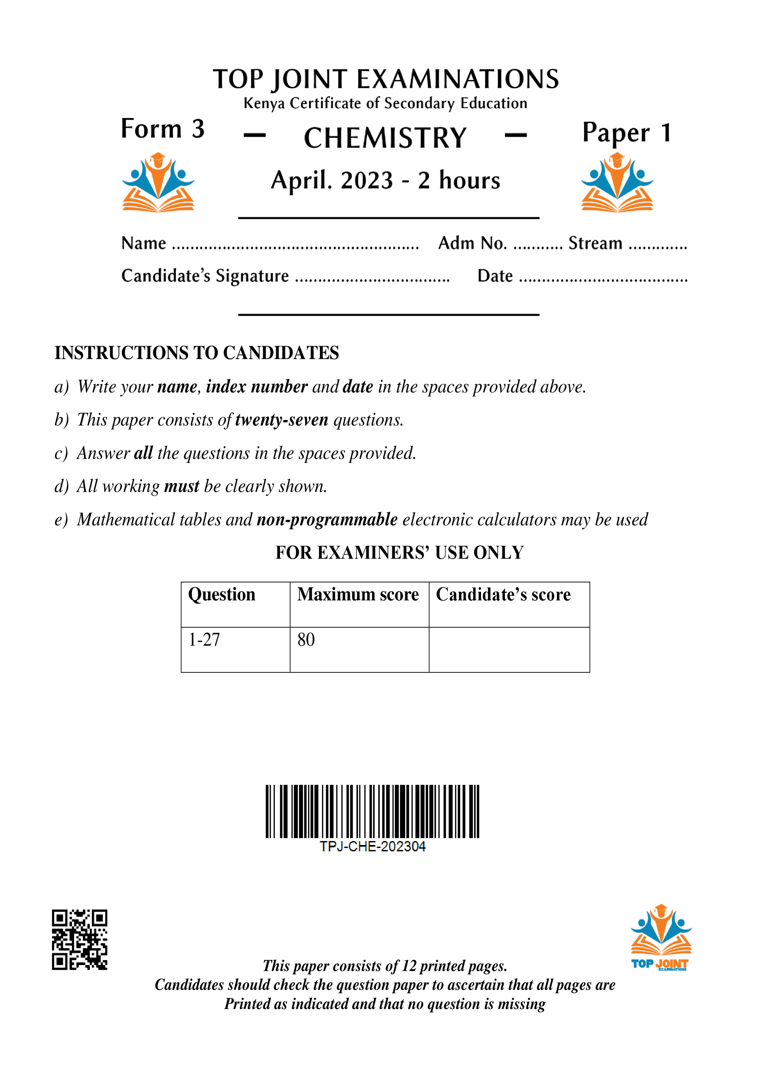 CHEMISTRY FORM 3 PAPER 1 END TERM 1 2023