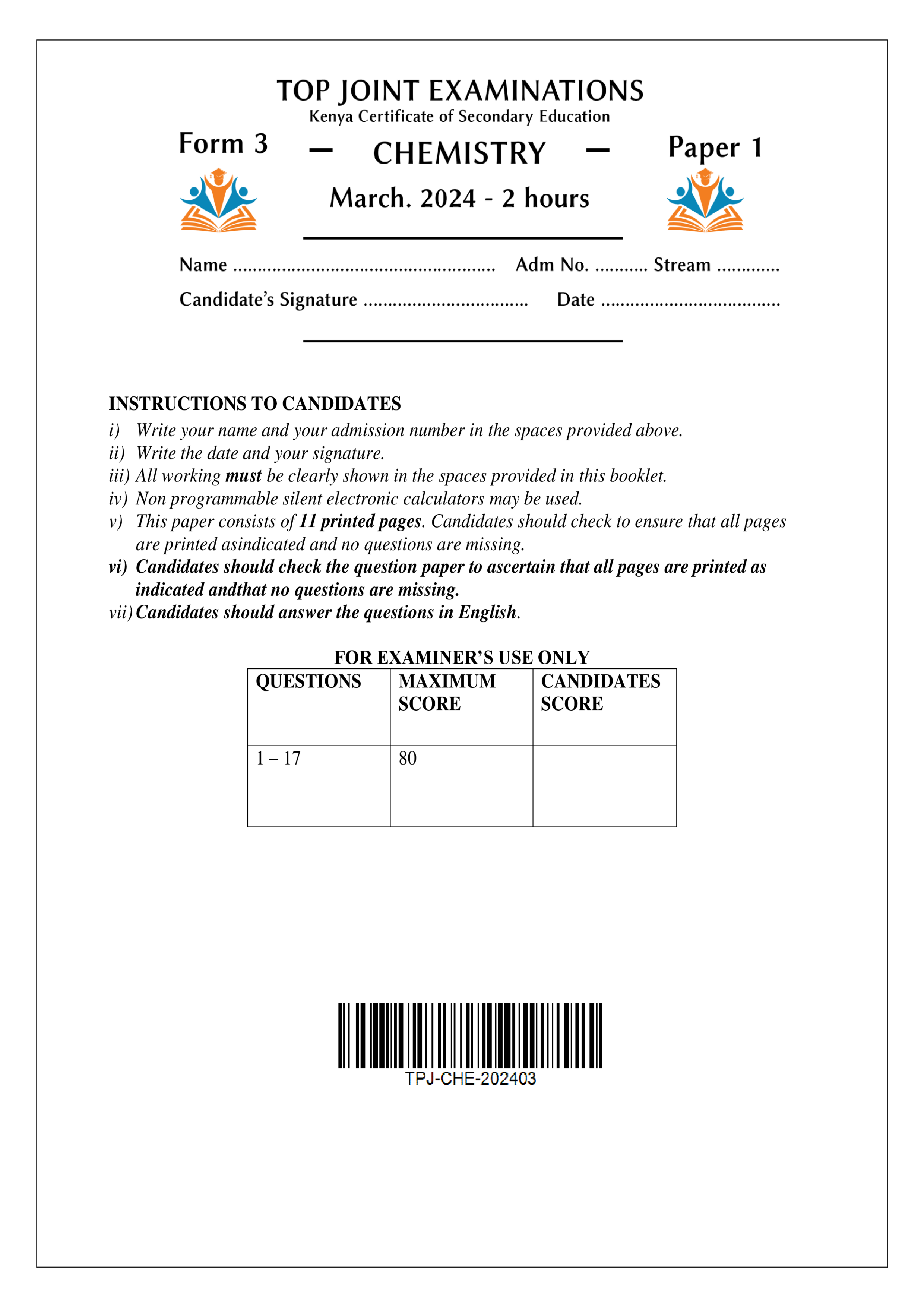 CHEMISTRY FORM 3 PAPER 1 END TERM 1 2024