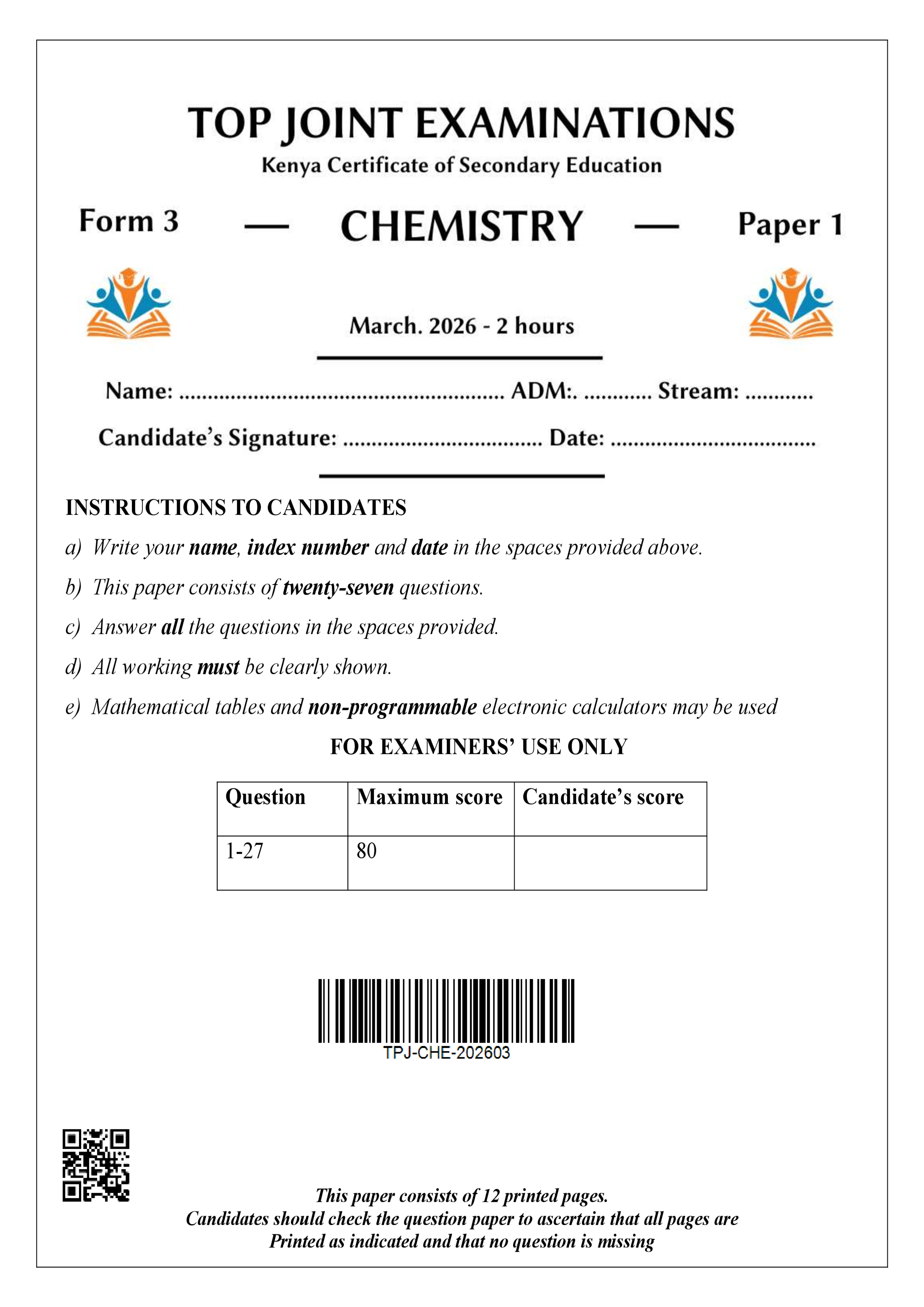 CHEMISTRY FORM 3 PAPER 1 END TERM 1 2026