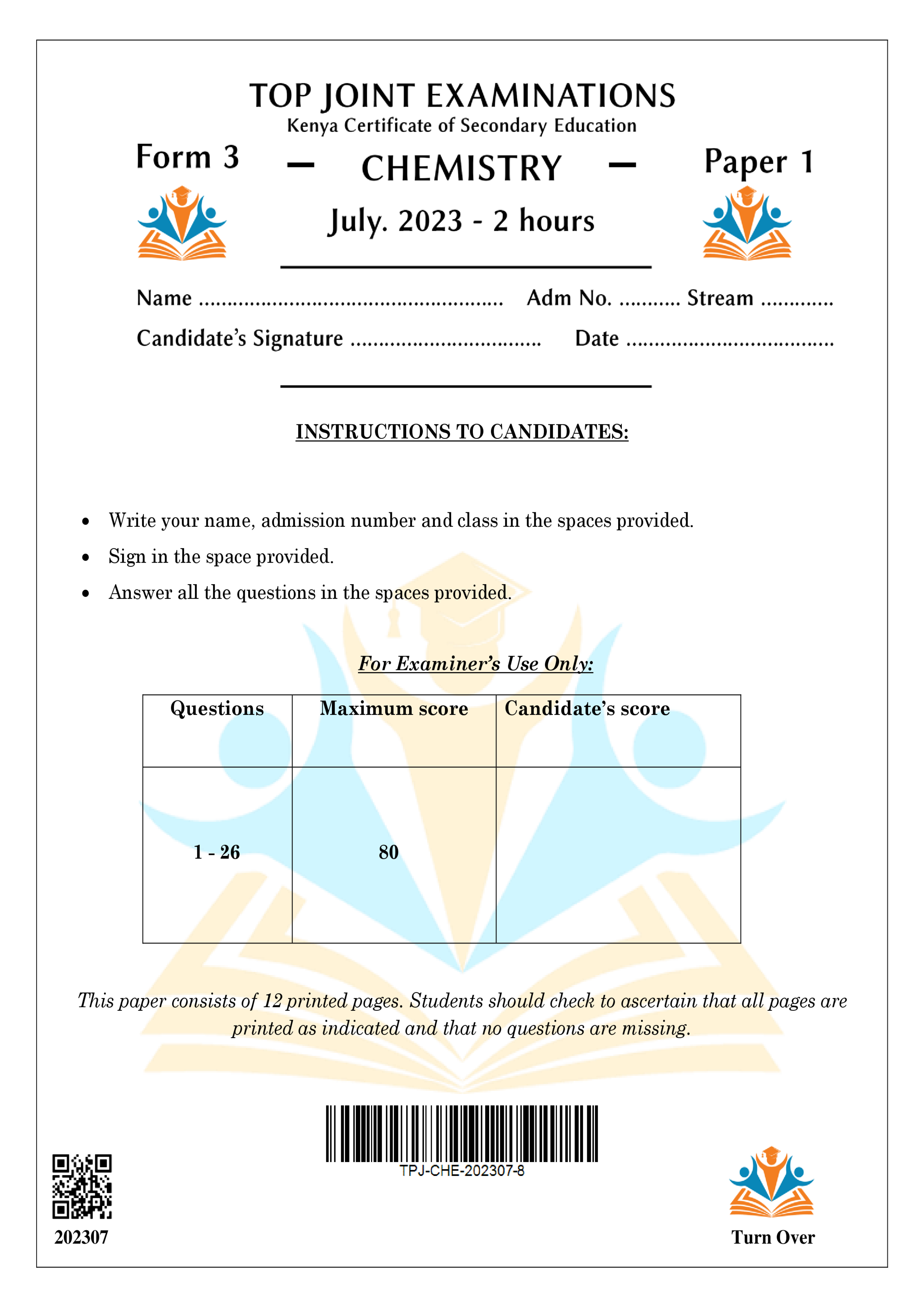 CHEMISTRY FORM 3 PAPER 1 END TERM 2 2023