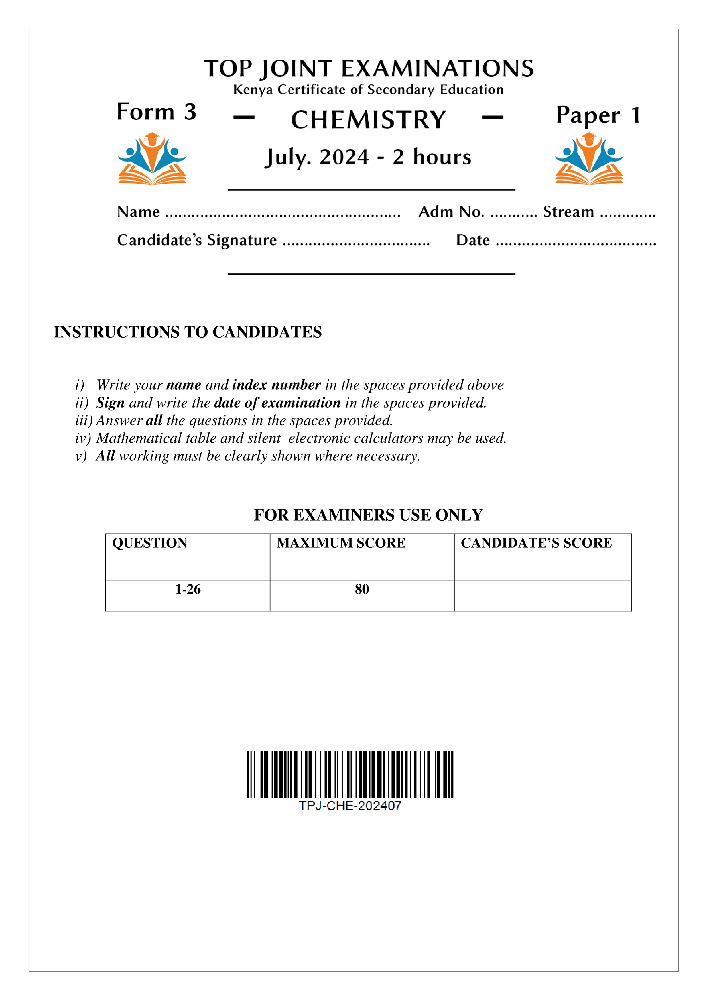 CHEMISTRY FORM 3 PAPER 1 END TERM 2 2024