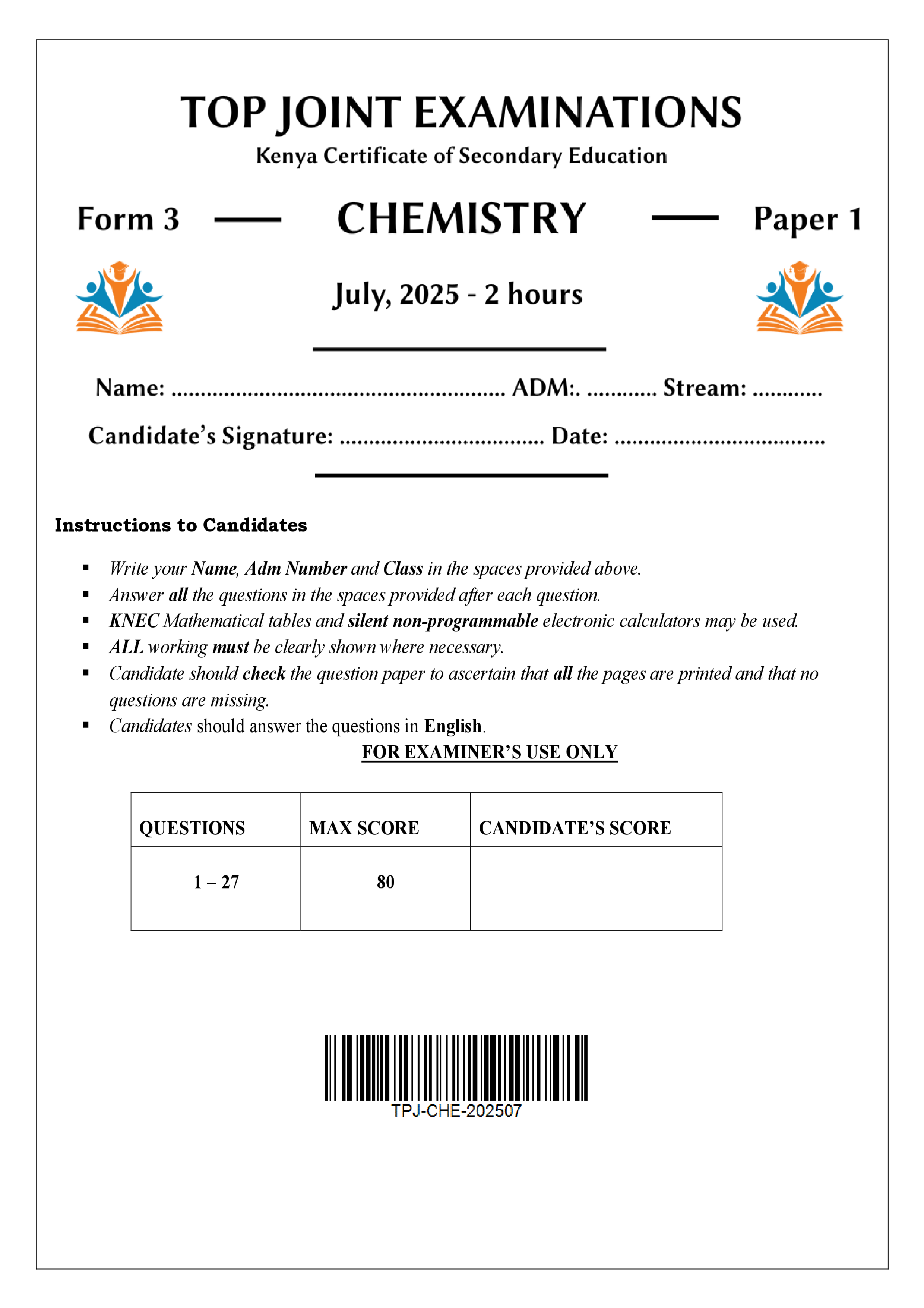 CHEMISTRY FORM 3 PAPER 1 END TERM 2 2025