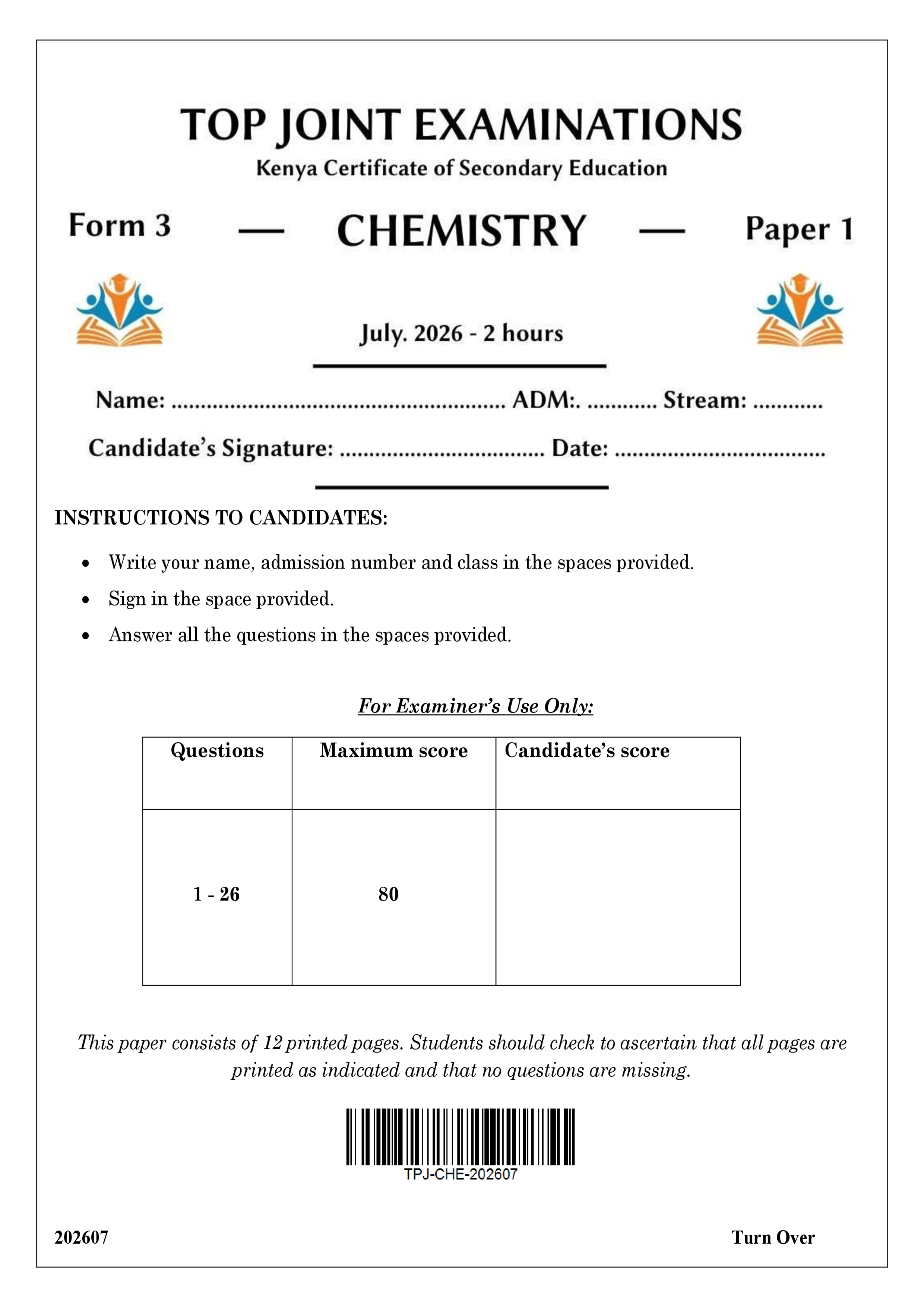 CHEMISTRY FORM 3 PAPER 1 END TERM 2 2026