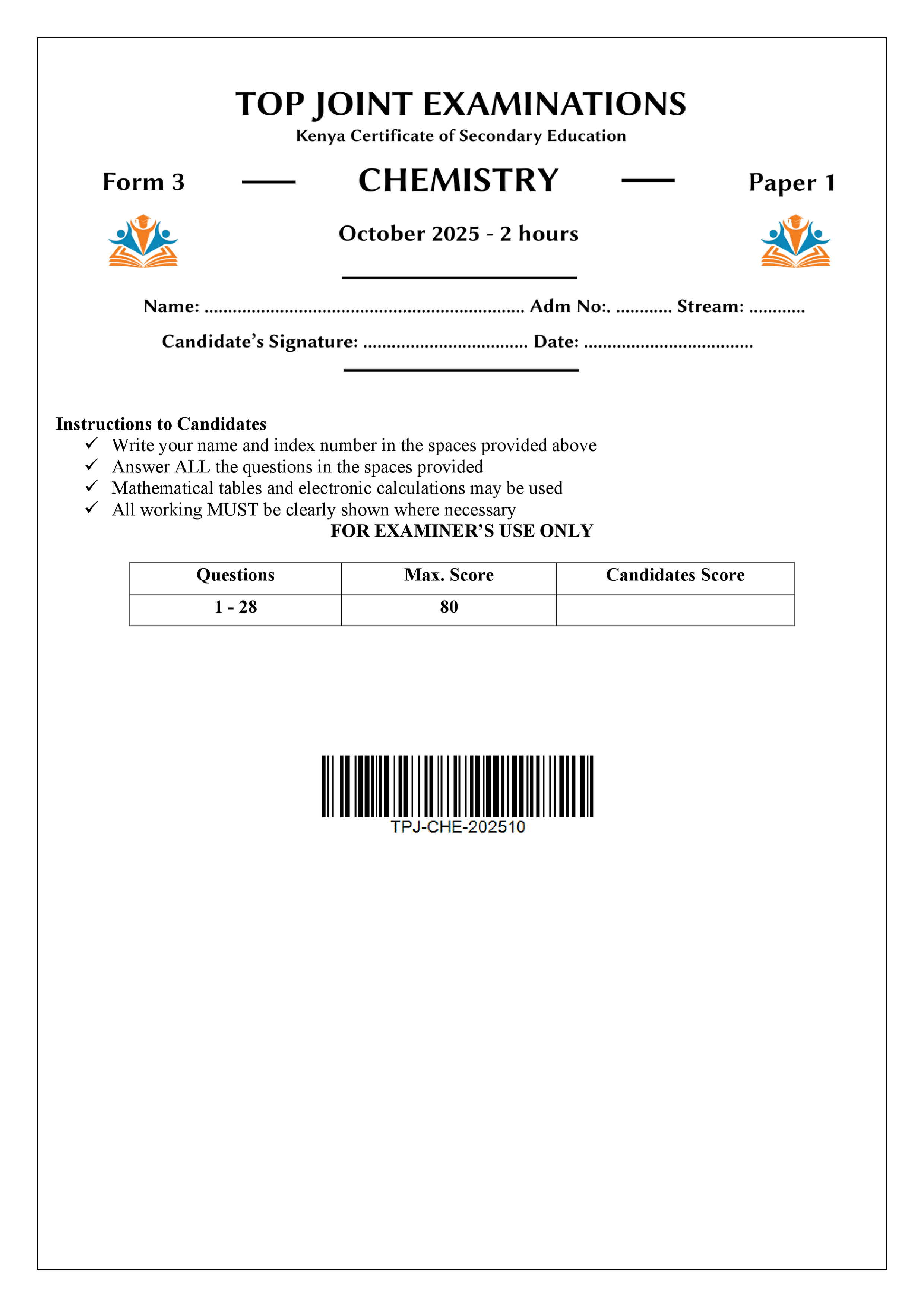 CHEMISTRY FORM 3 PAPER 1 END TERM 3 2025