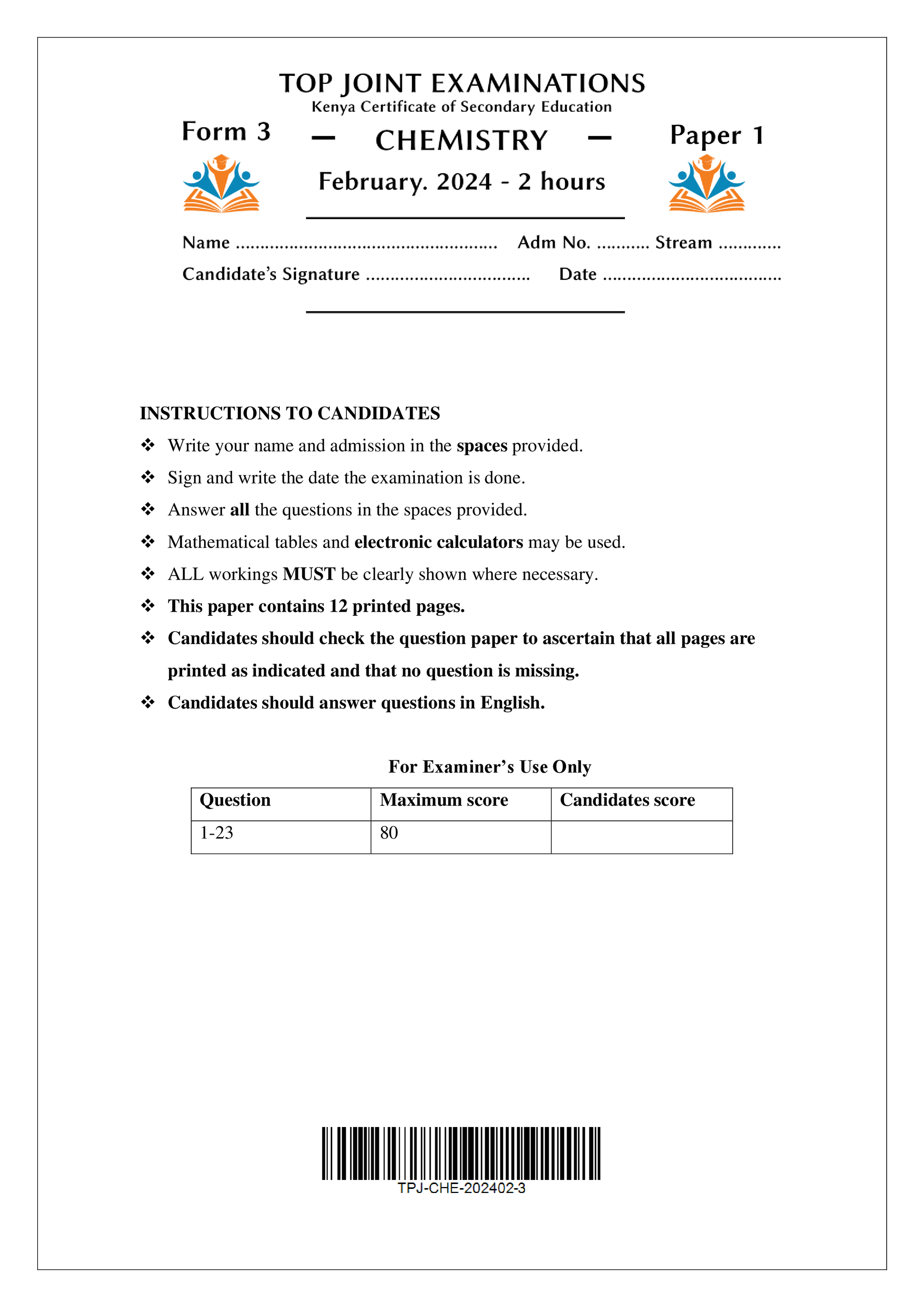 CHEMISTRY FORM 3 PAPER 1 MID TERM 1 2024