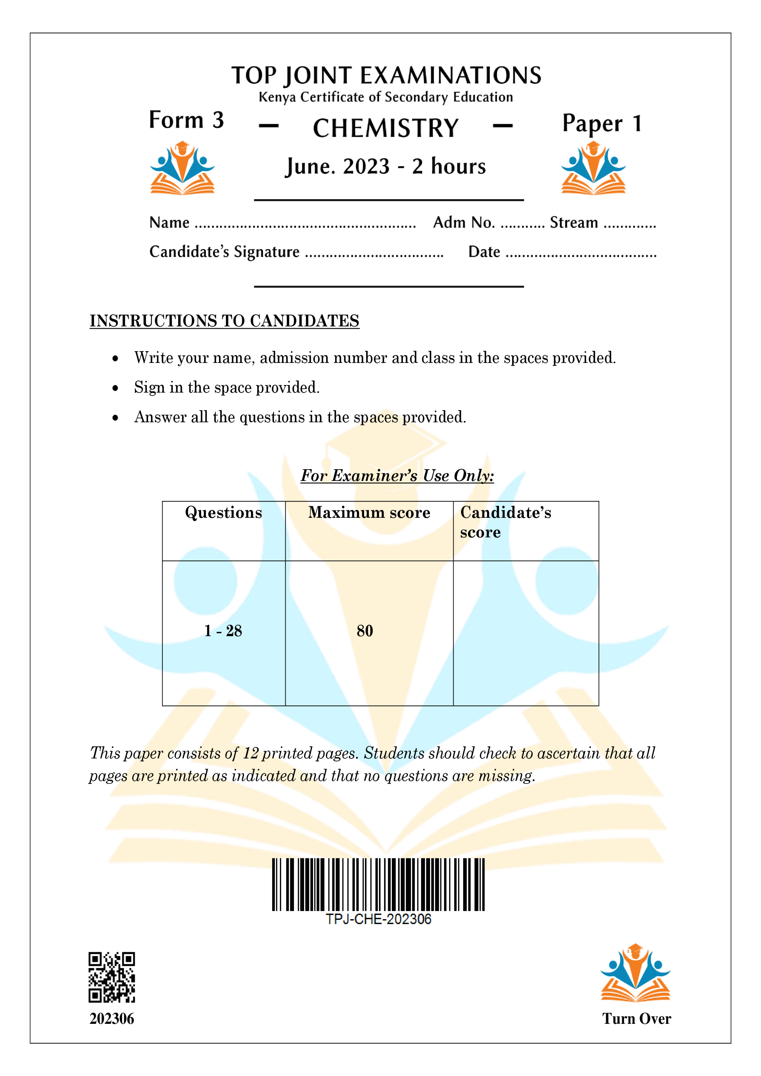 CHEMISTRY FORM 3 PAPER 1 MID TERM 2 2023