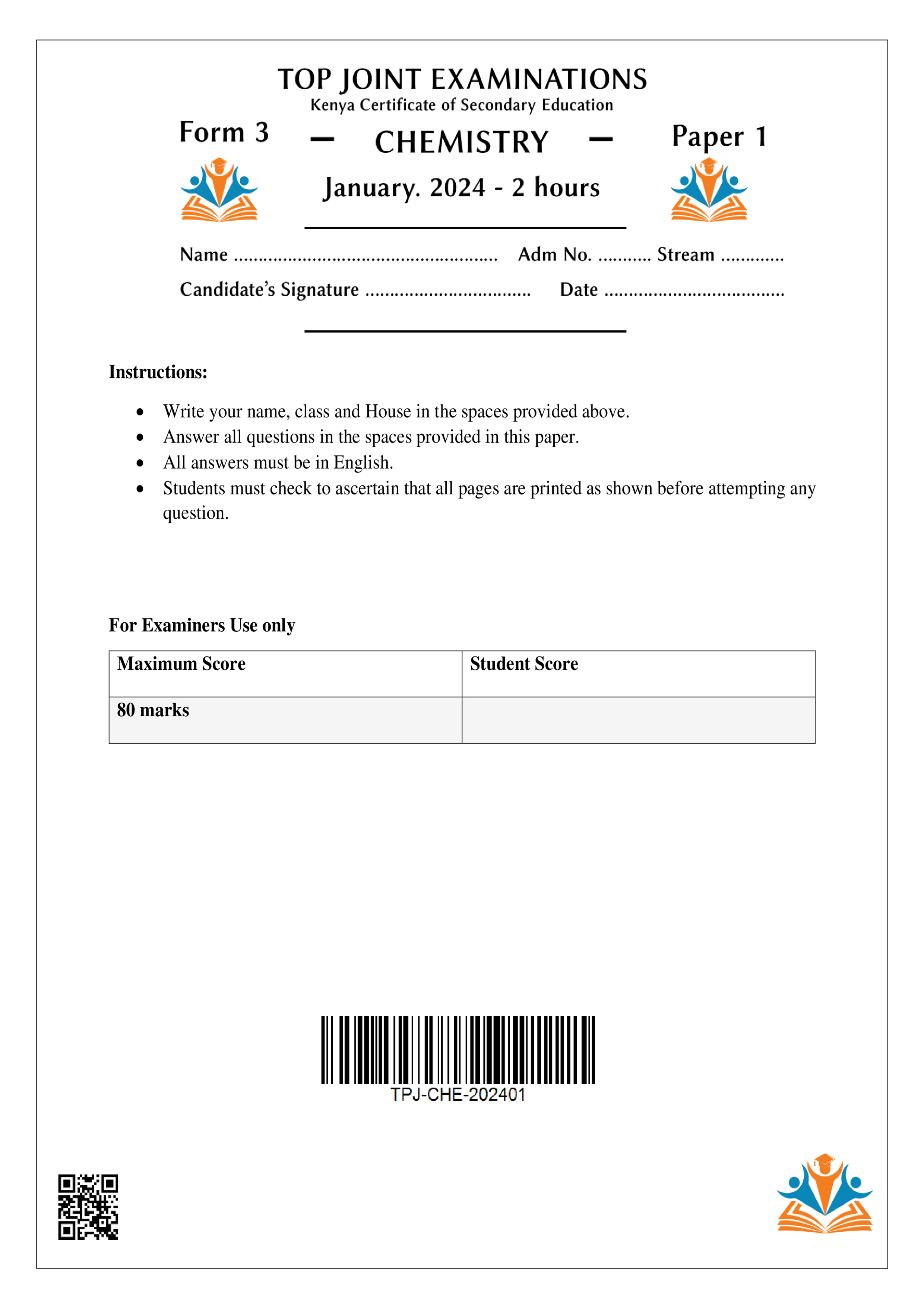 CHEMISTRY FORM 3 PAPER 1 OPENER TERM 1 2024