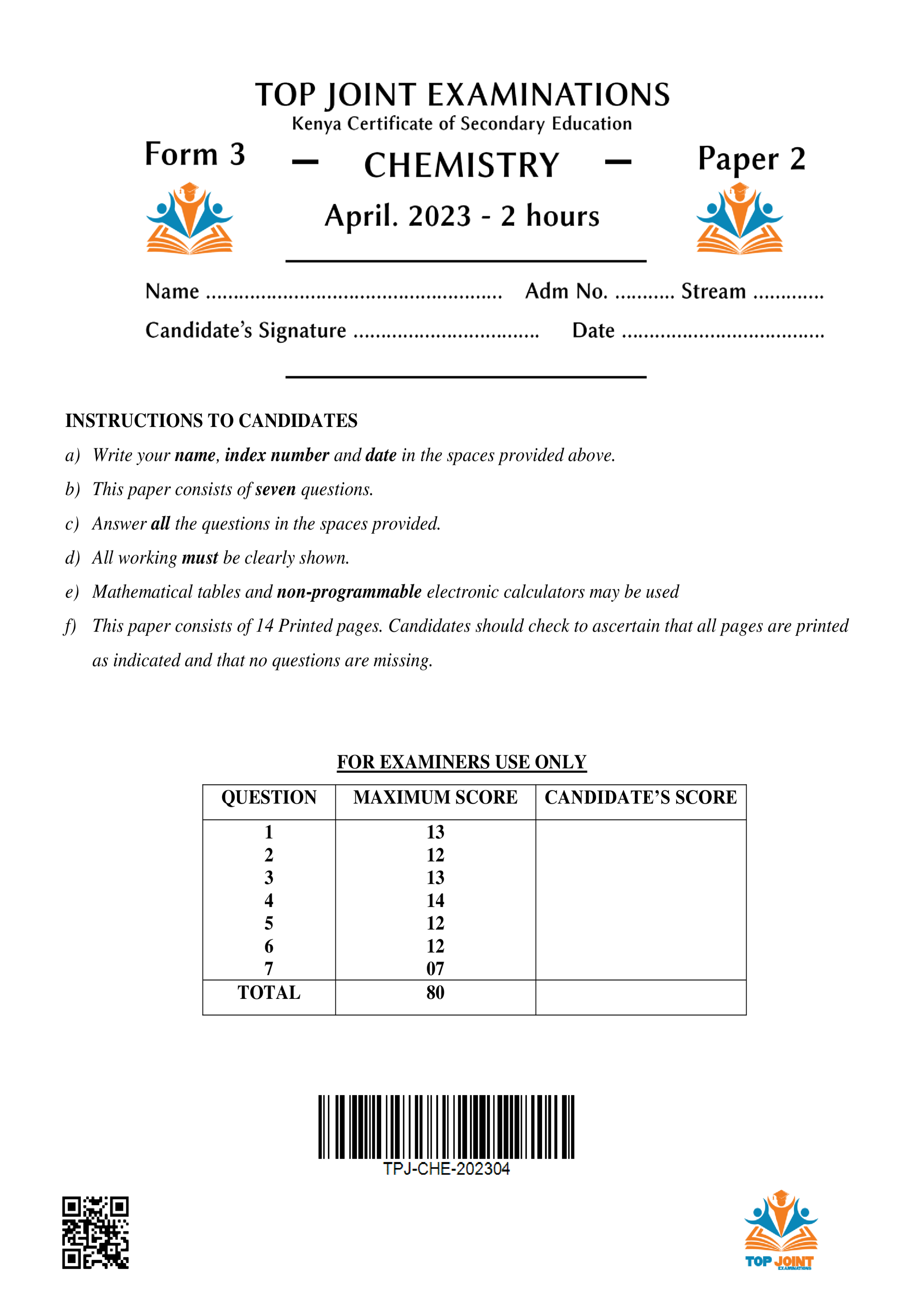 CHEMISTRY FORM 3 PAPER 2 END TERM 1 2023