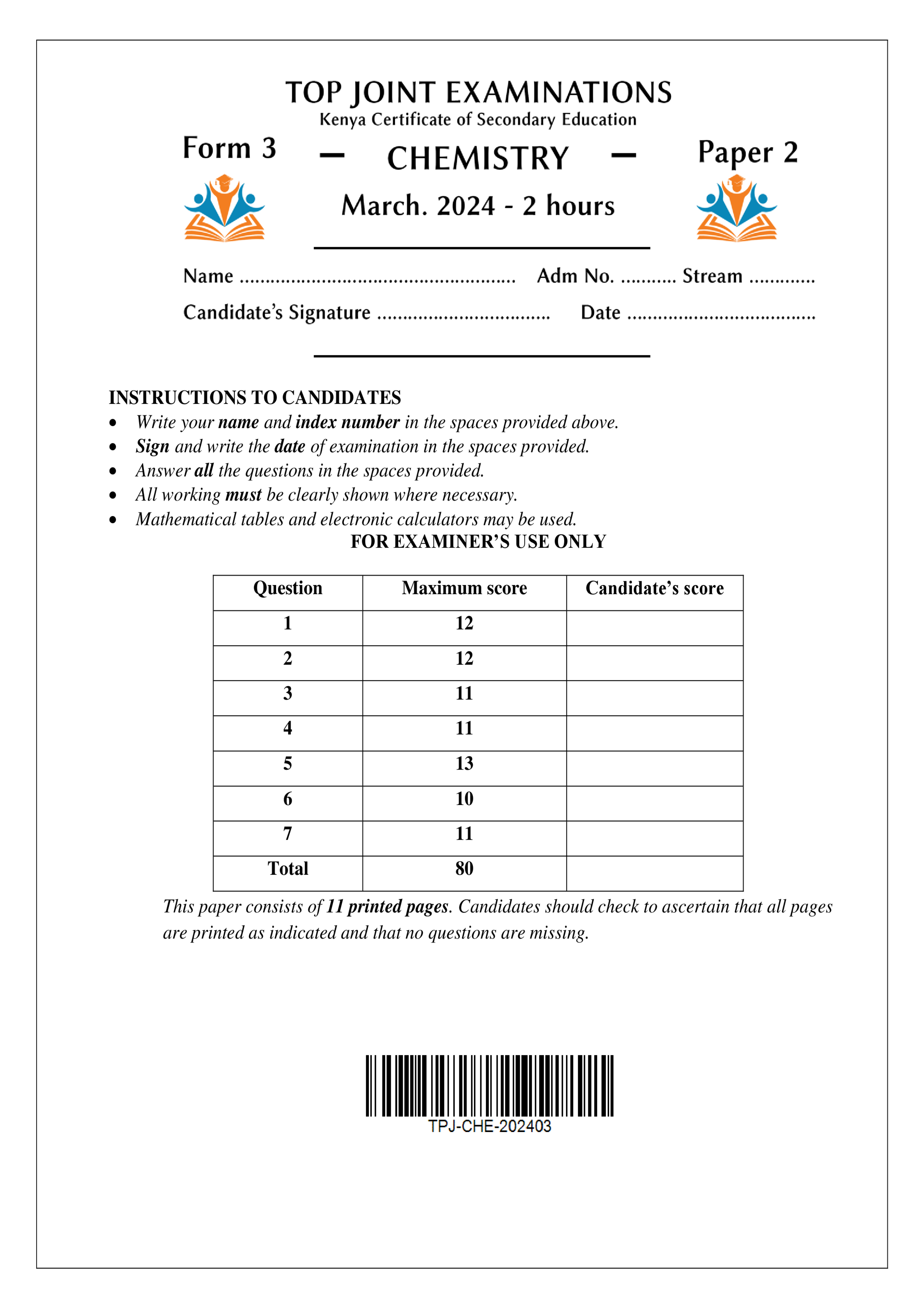 CHEMISTRY FORM 3 PAPER 2 END TERM 1 2024