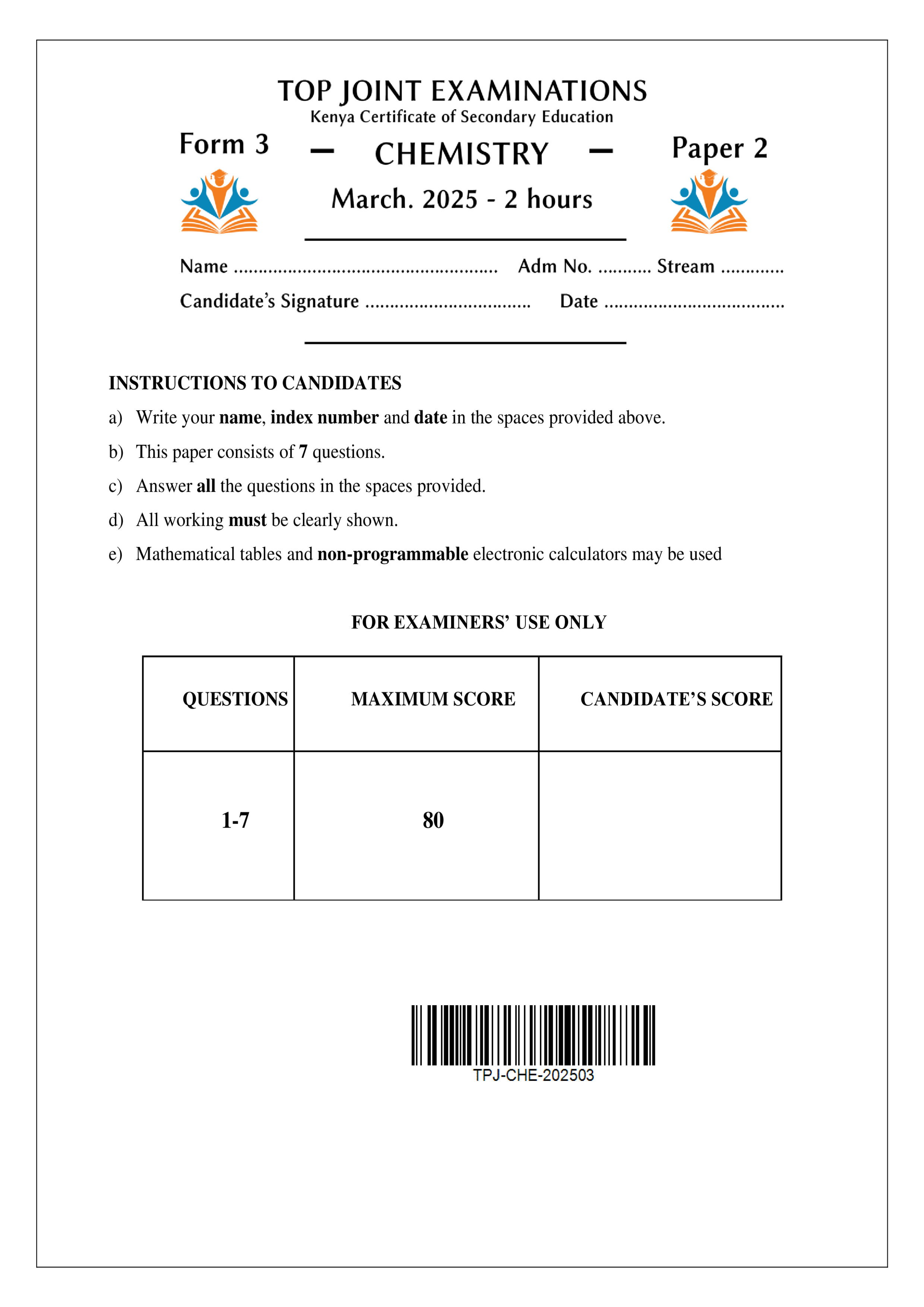 CHEMISTRY FORM 3 PAPER 2 END TERM 1 2025