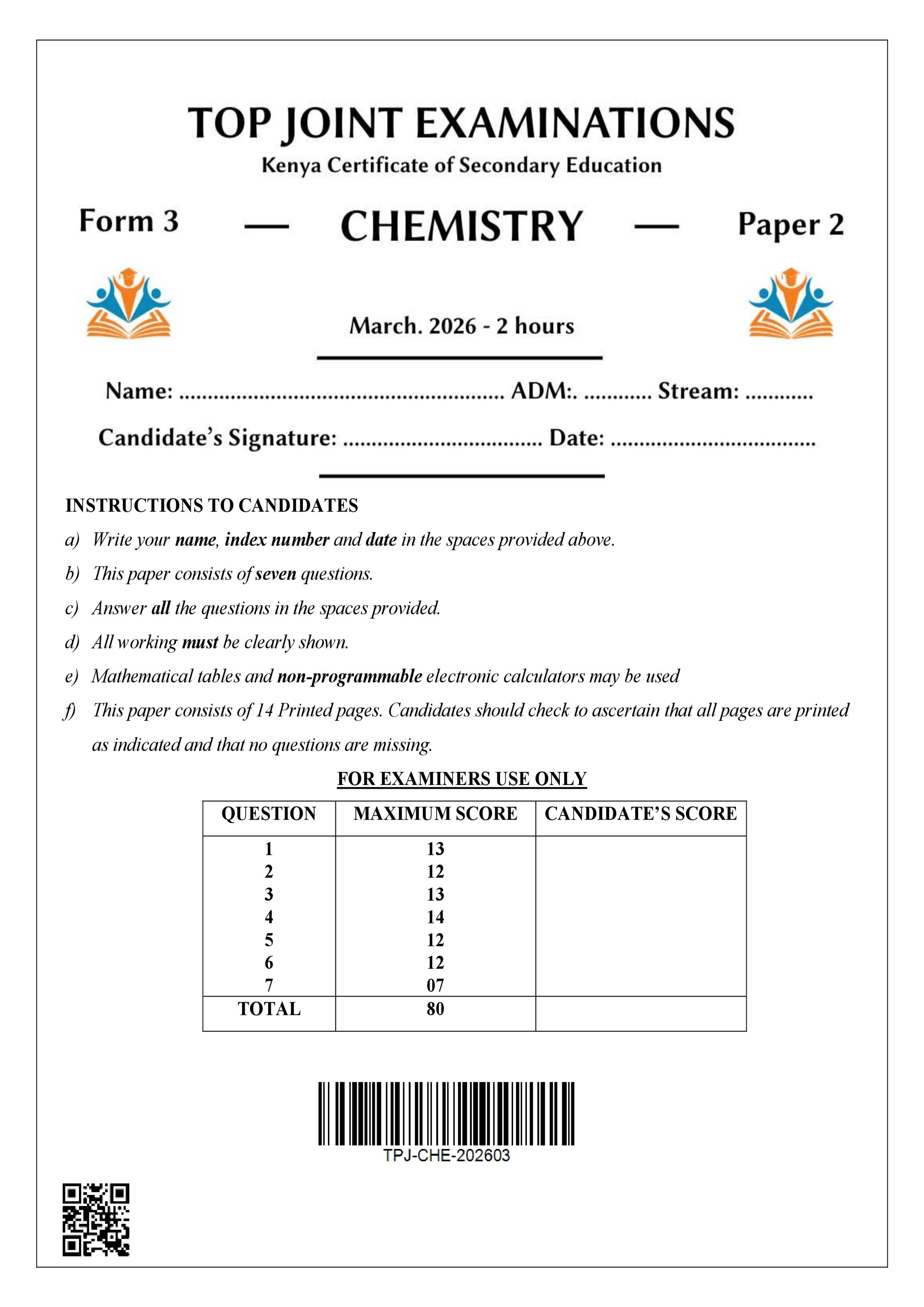 CHEMISTRY FORM 3 PAPER 2 END TERM 1 2026