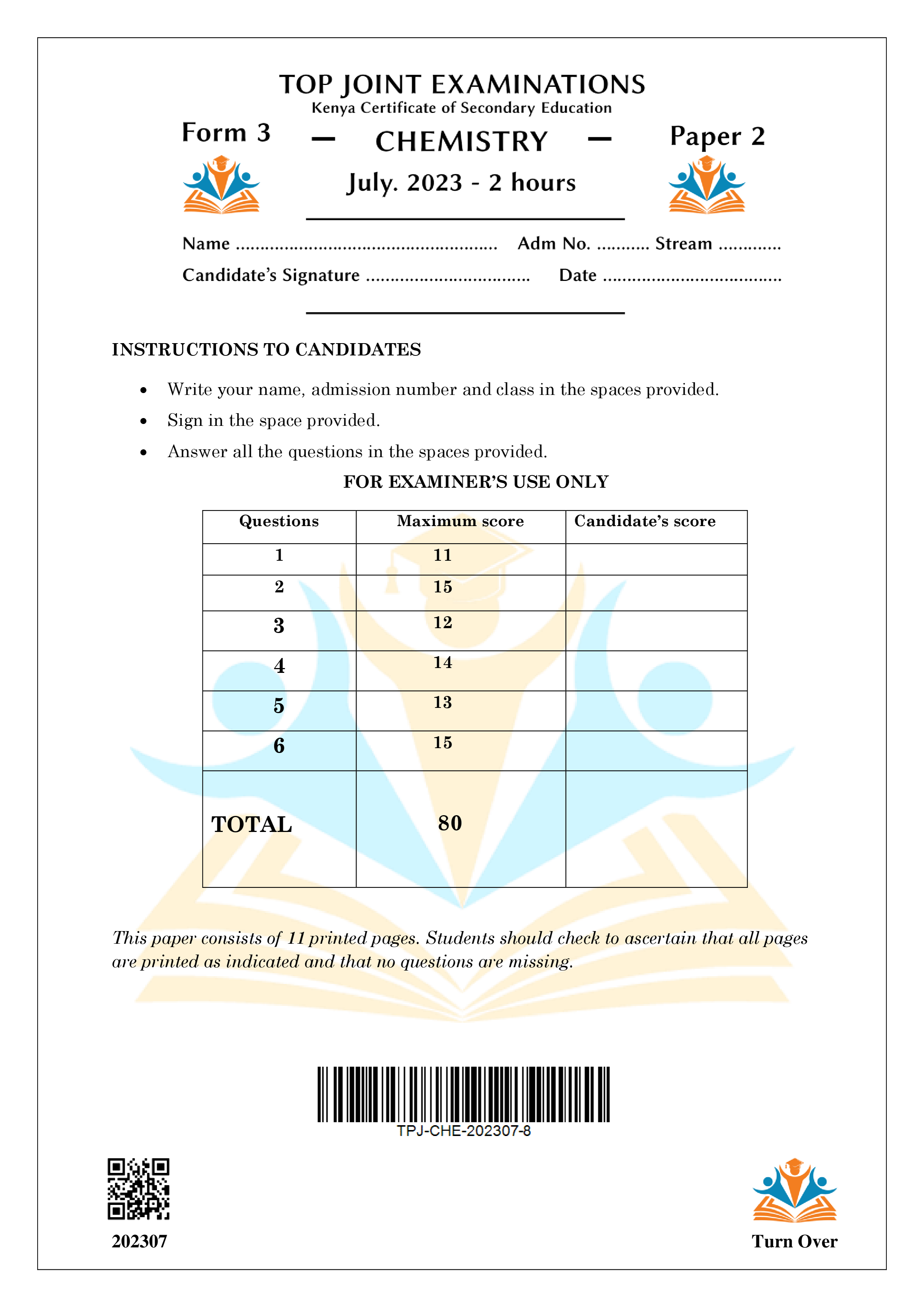 CHEMISTRY FORM 3 PAPER 2 END TERM 2 2023