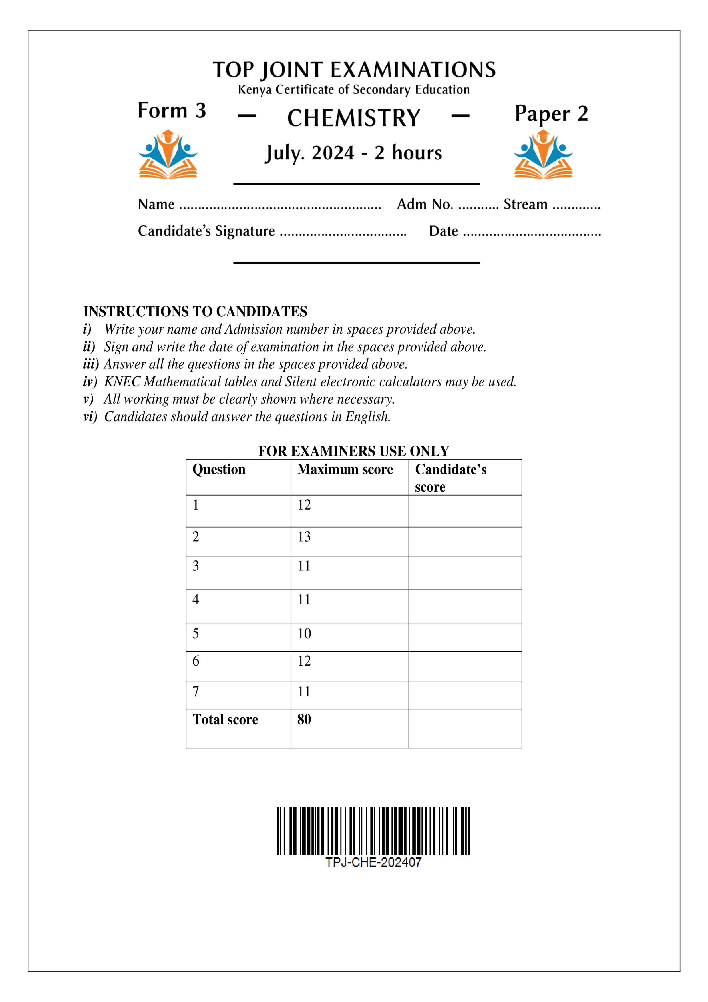 CHEMISTRY FORM 3 PAPER 2 END TERM 2 2024
