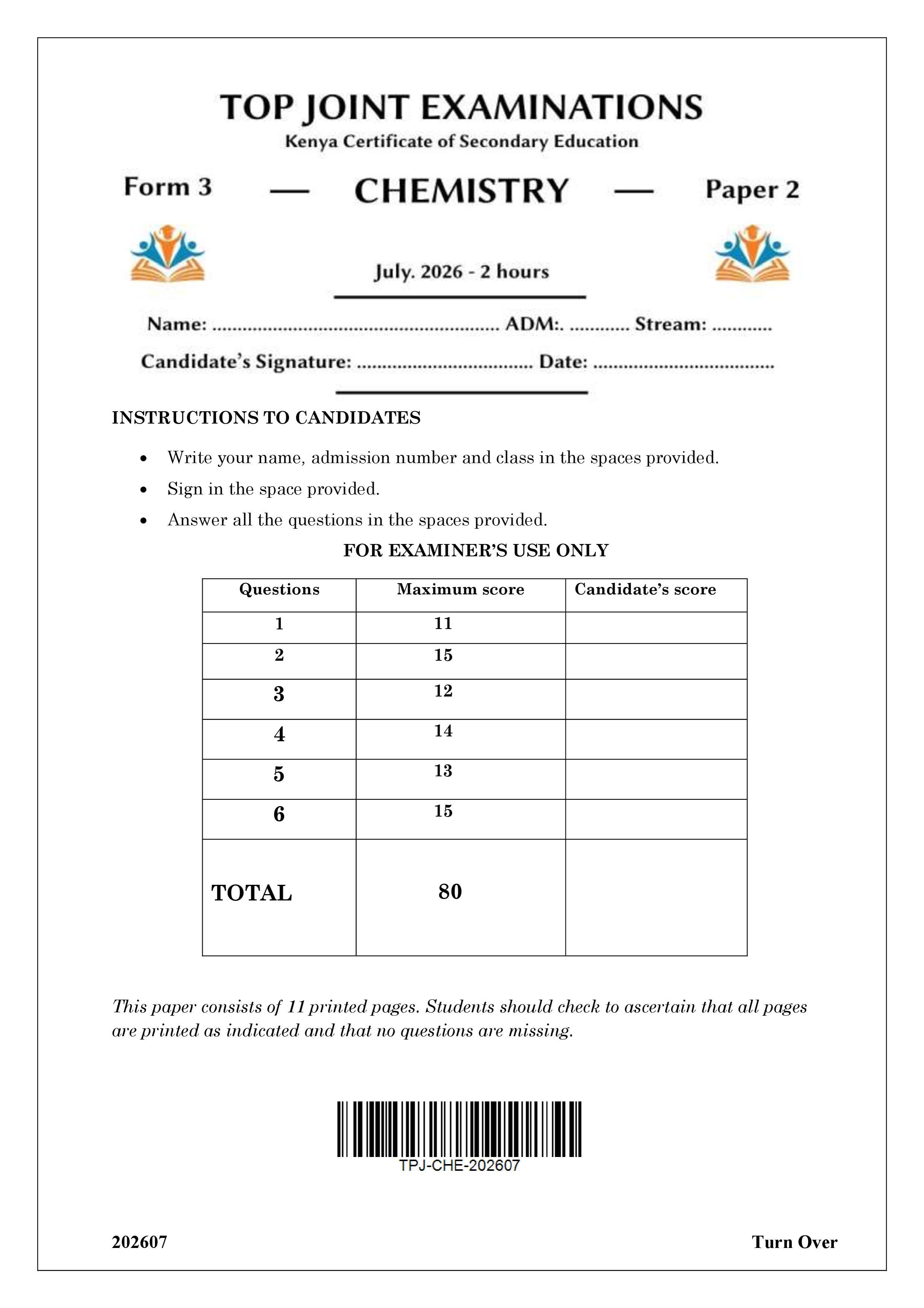 CHEMISTRY FORM 3 PAPER 2 END TERM 2 2026