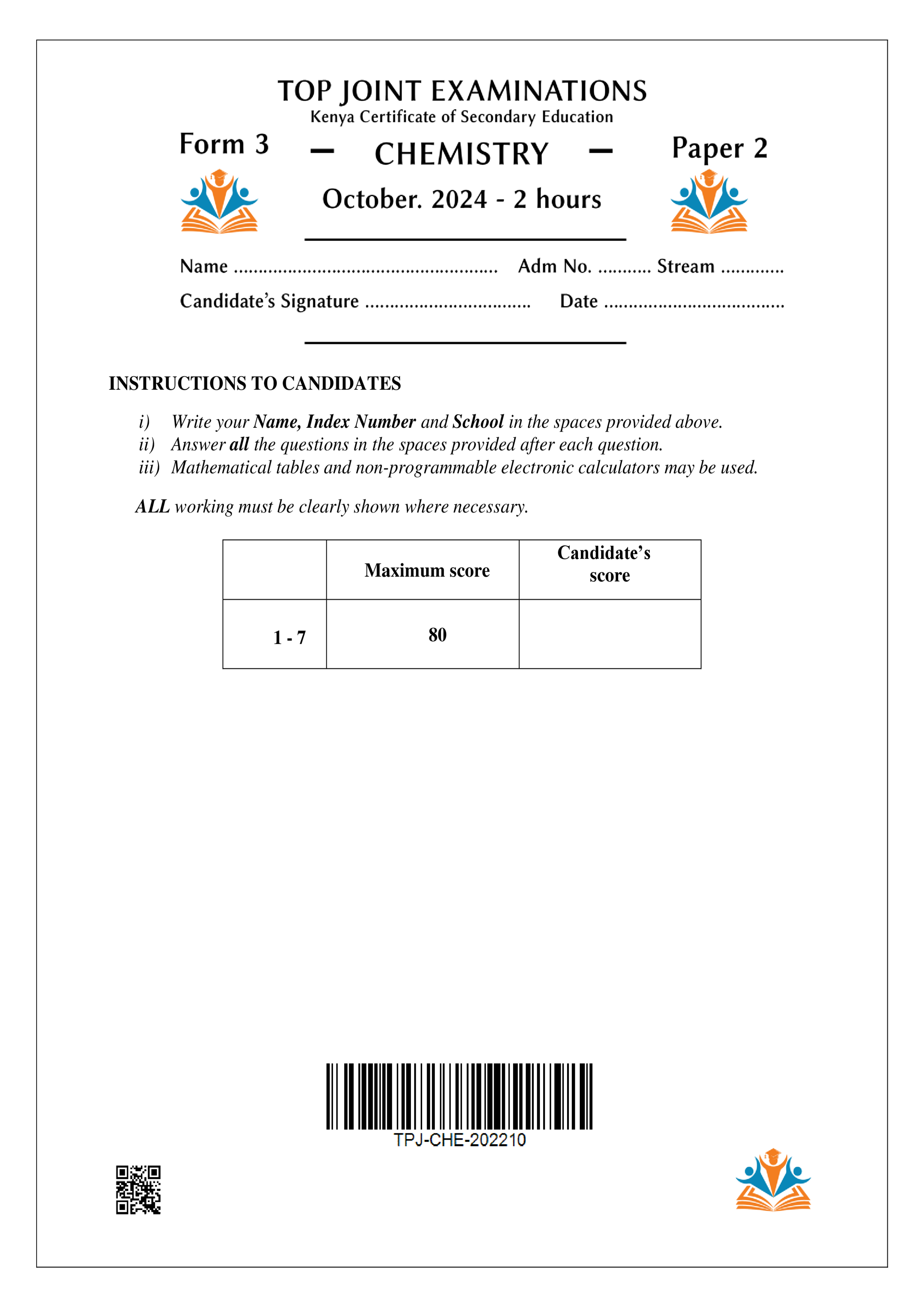 CHEMISTRY FORM 3 PAPER 2 END TERM 3 2024