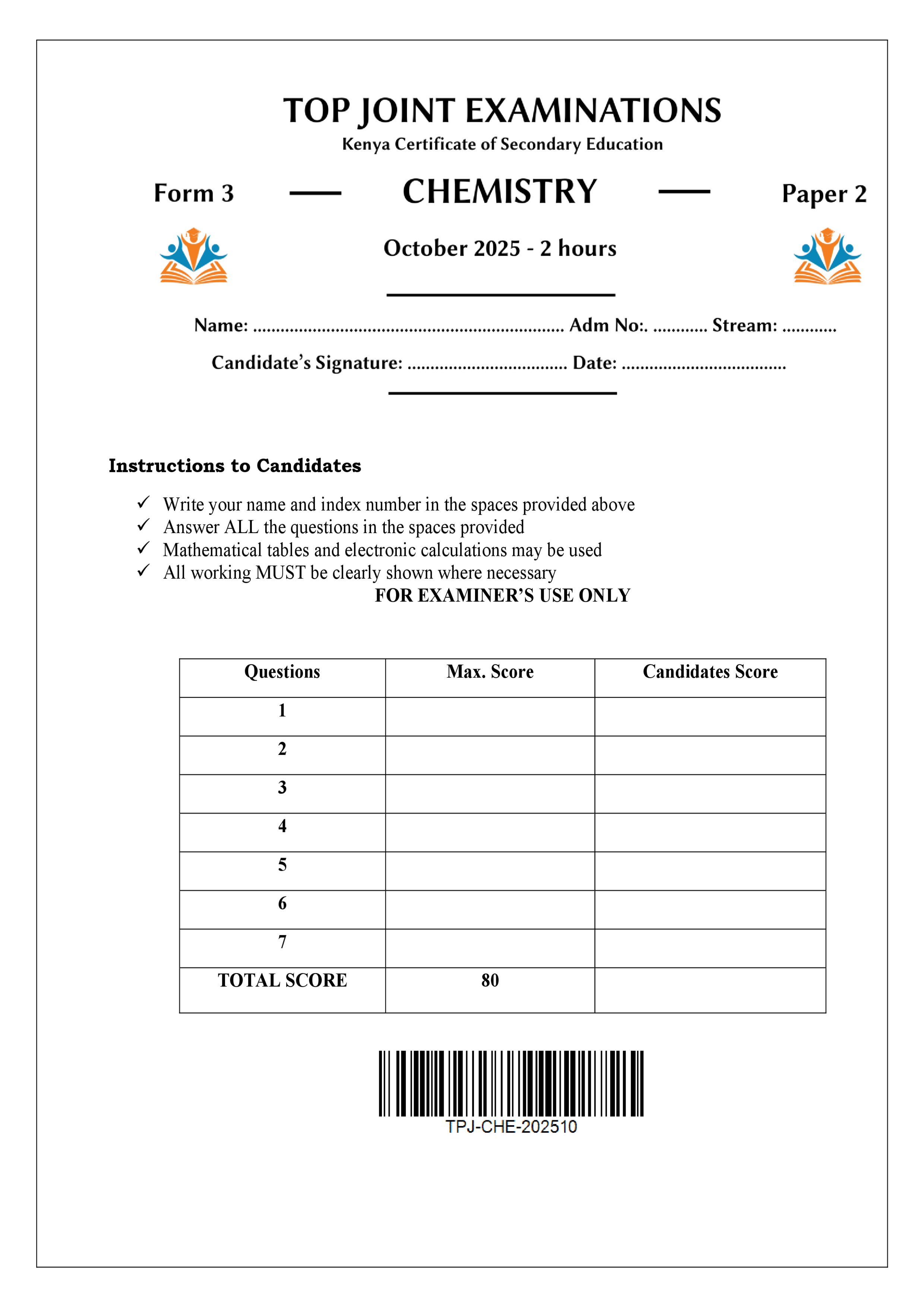 CHEMISTRY FORM 3 PAPER 2 END TERM 3 2025