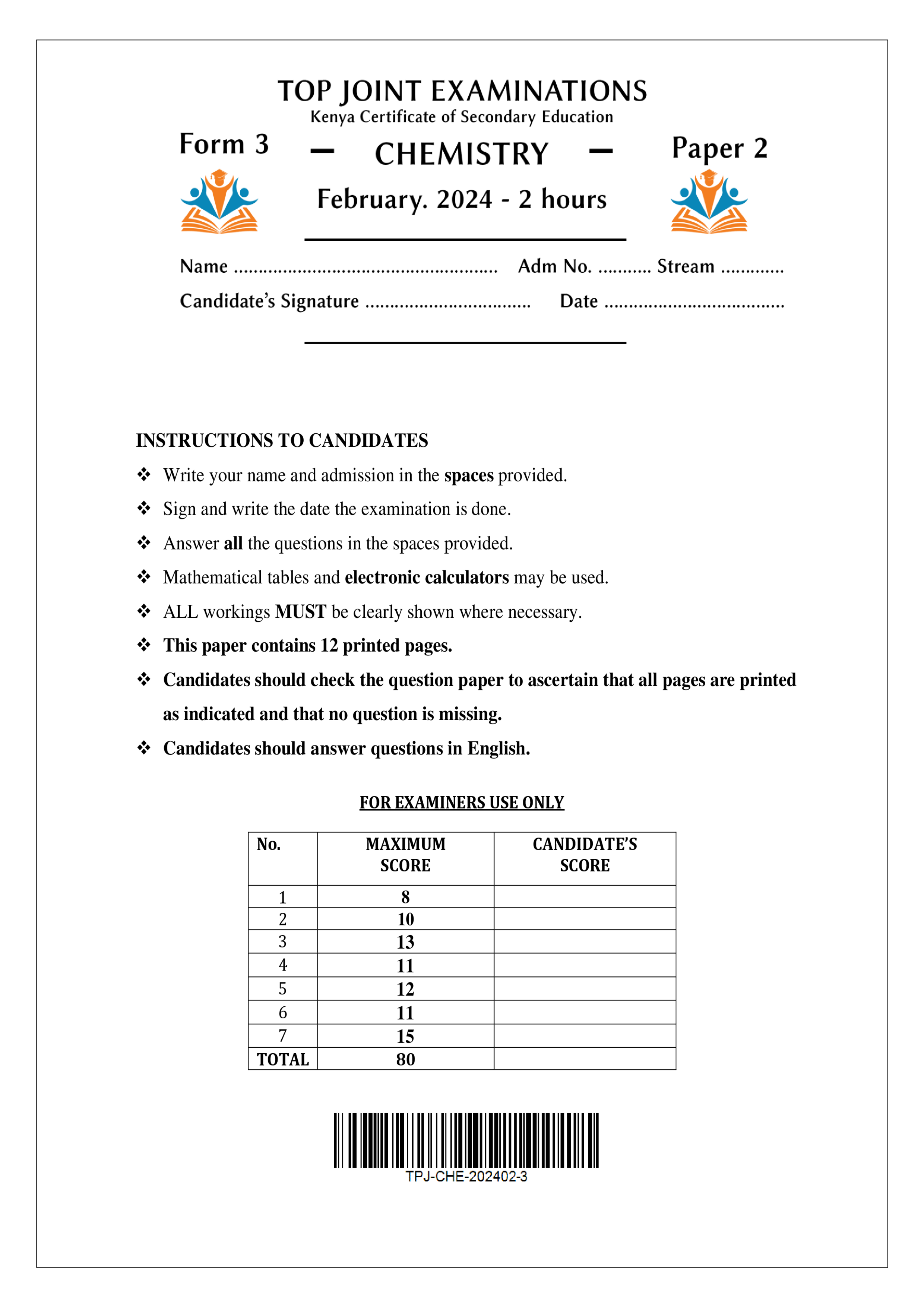 CHEMISTRY FORM 3 PAPER 2 MID TERM 1 2024