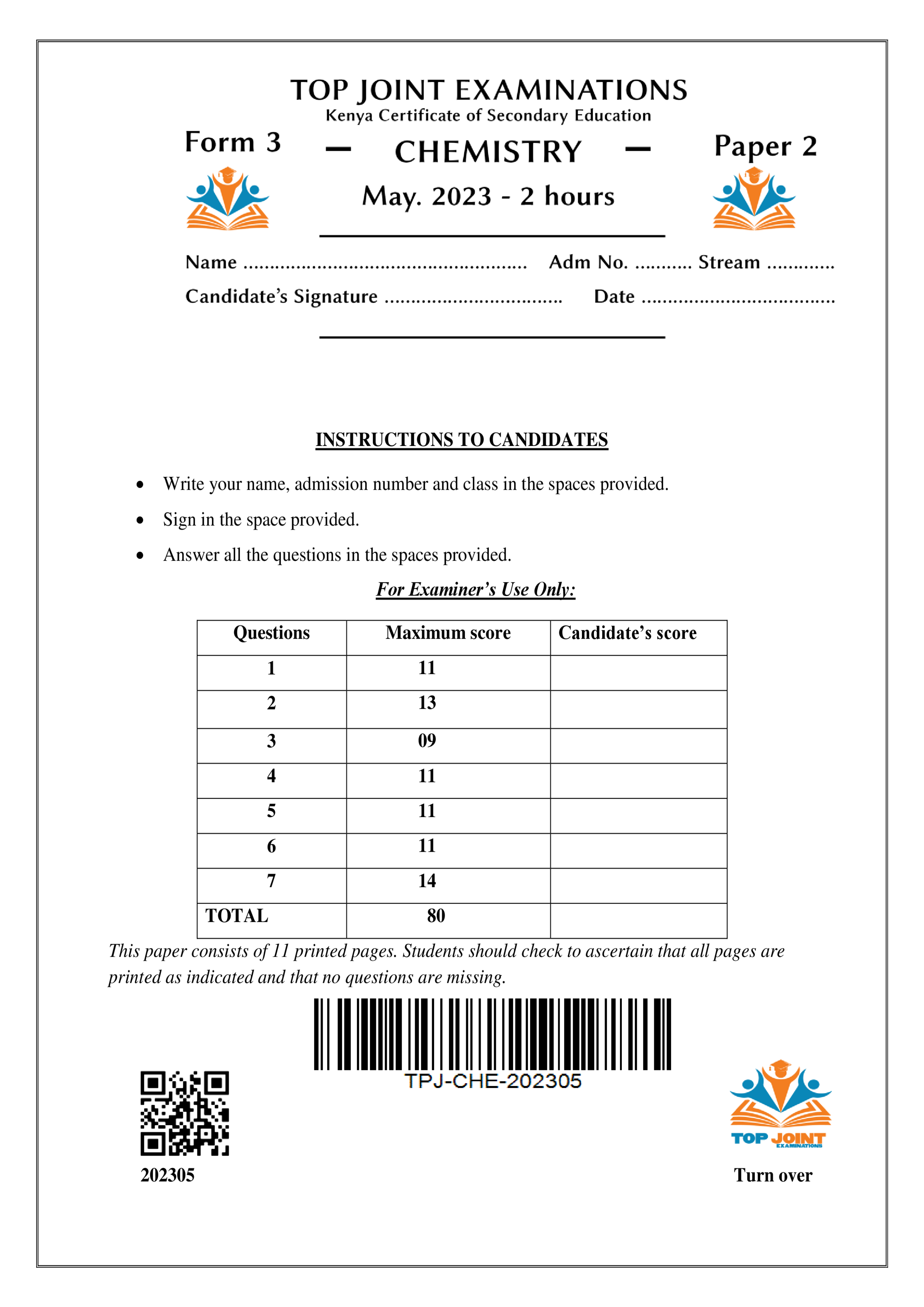 CHEMISTRY FORM 3 PAPER 2 OPENER TERM 2 2023