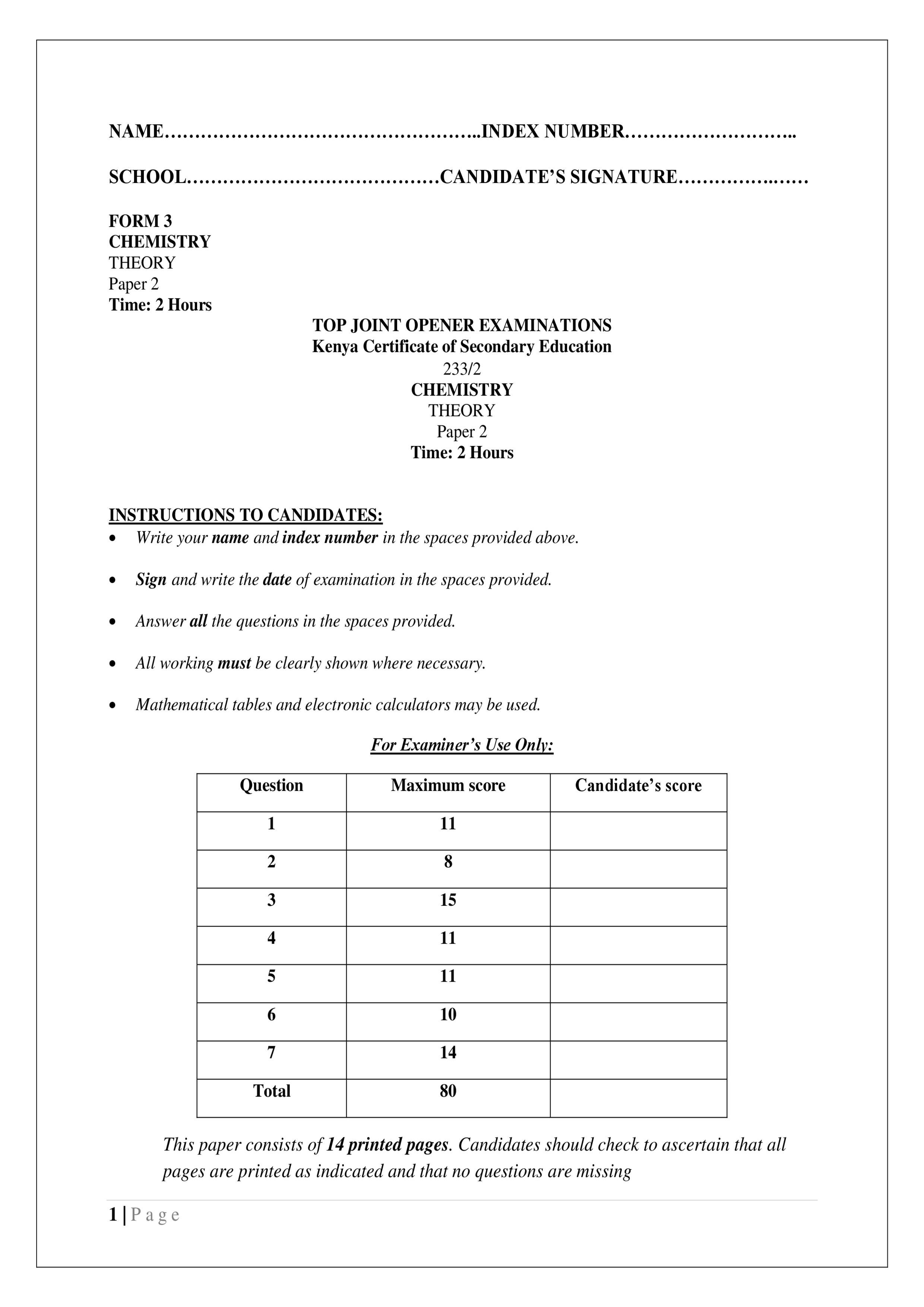 CHEMISTRY FORM 3 PAPER2 OPENER TERM 2 2024