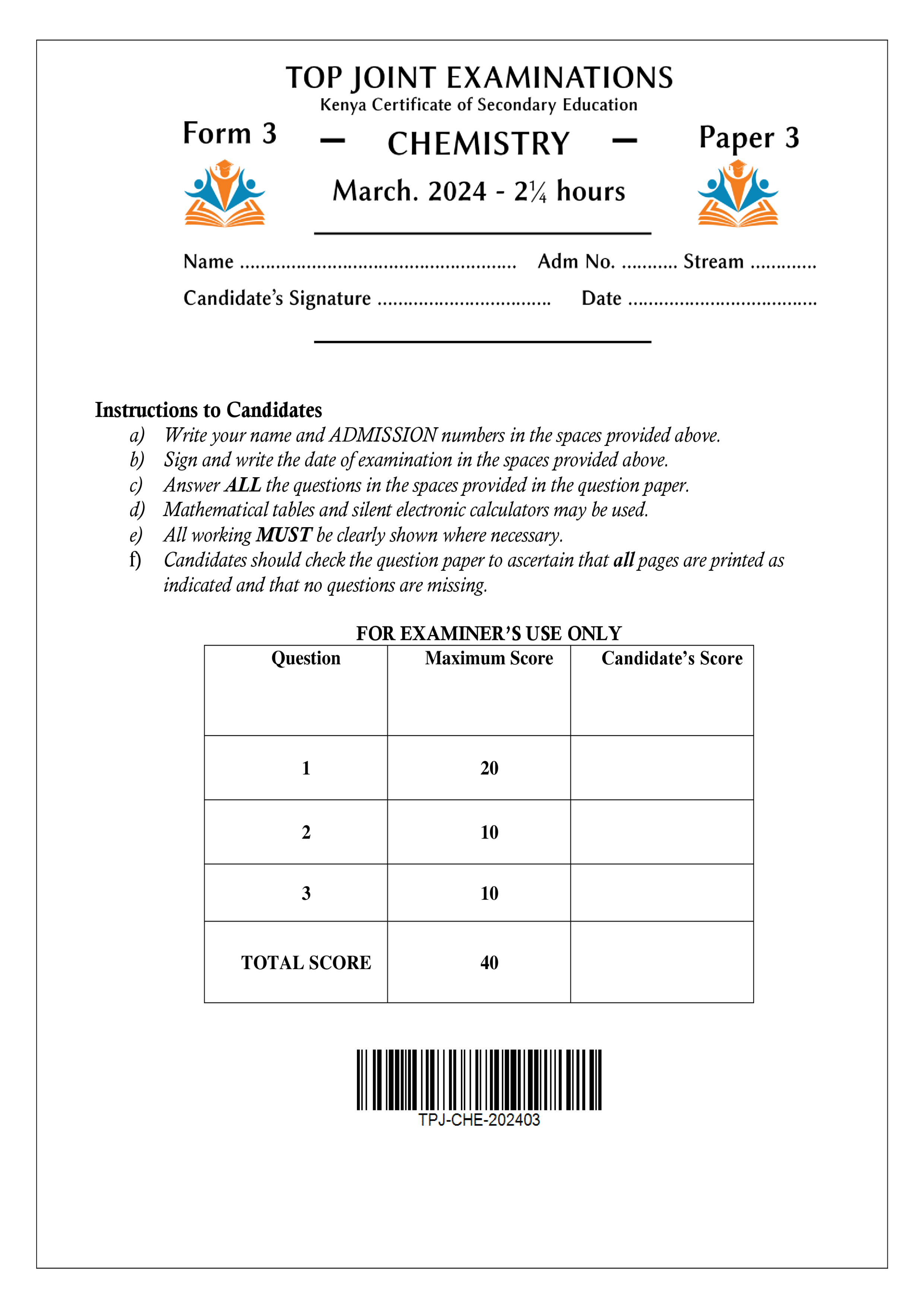 CHEMISTRY FORM 3 PAPER 3 END TERM 1 2024