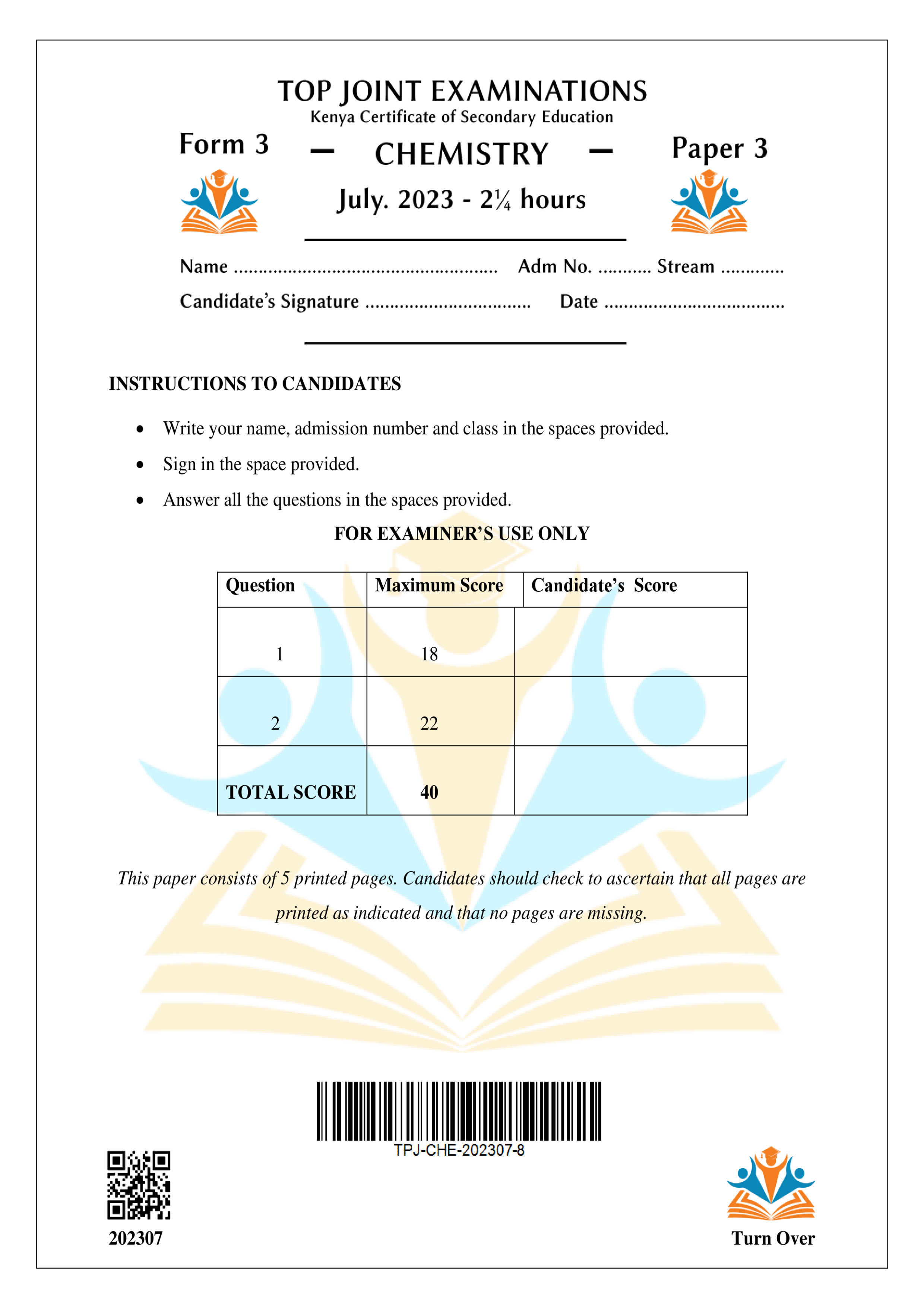 CHEMISTRY FORM 3 PAPER 3 END TERM 2 2023