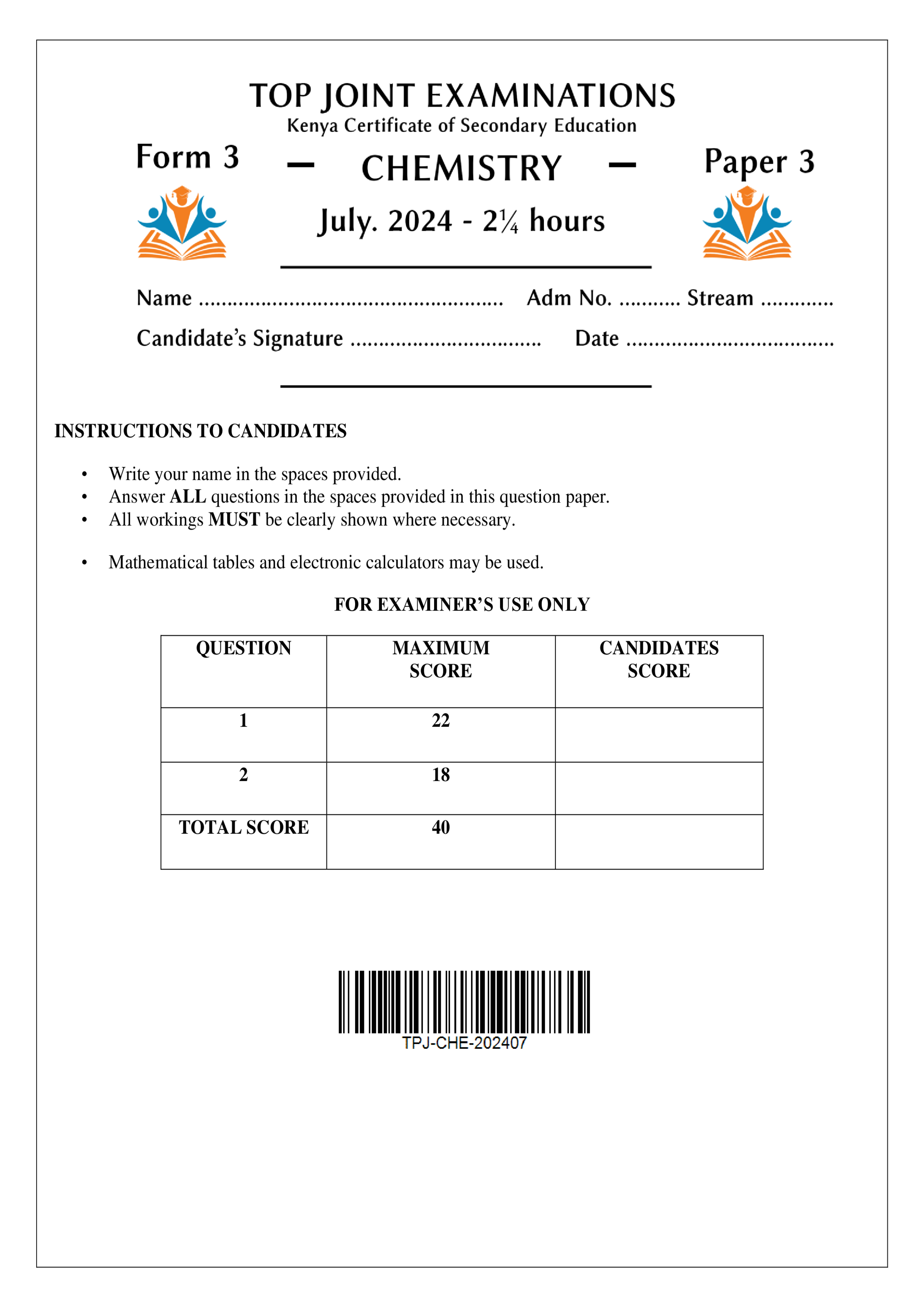 CHEMISTRY FORM 3 PAPER 3 END TERM 2 2024