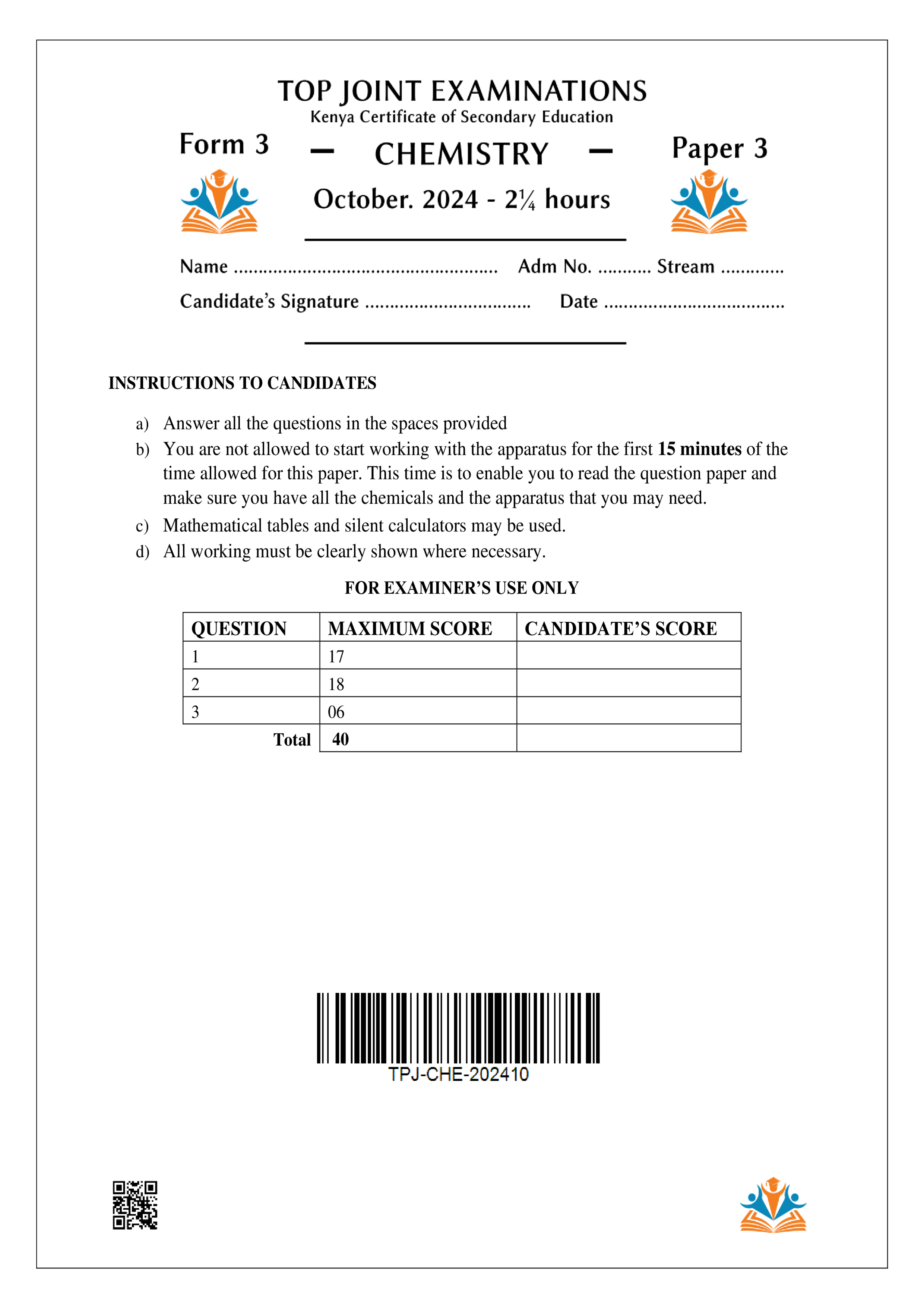 CHEMISTRY FORM 3 PAPER 3 END TERM 3 2024