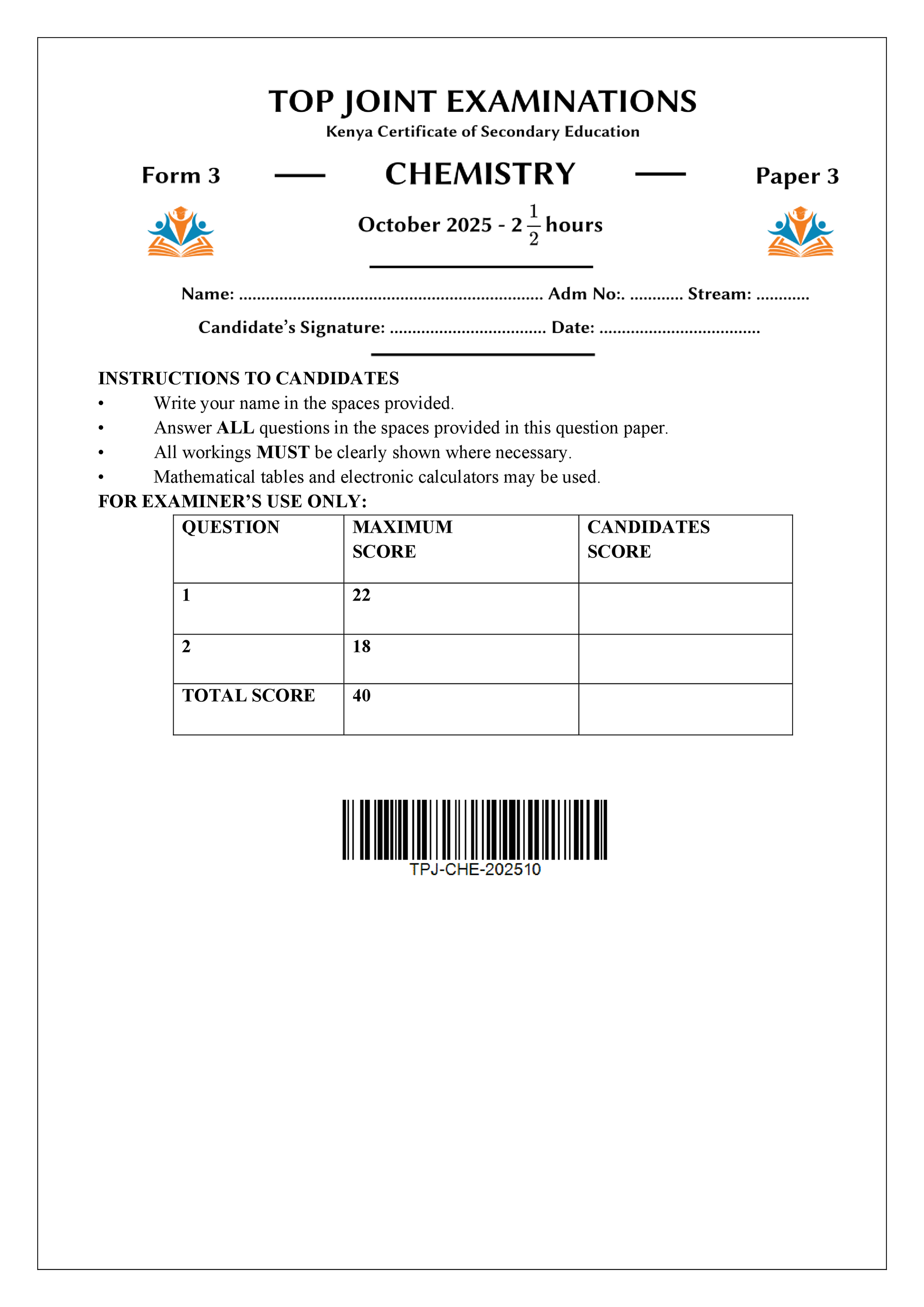 CHEMISTRY FORM 3 PAPER 3 END TERM 3 2025