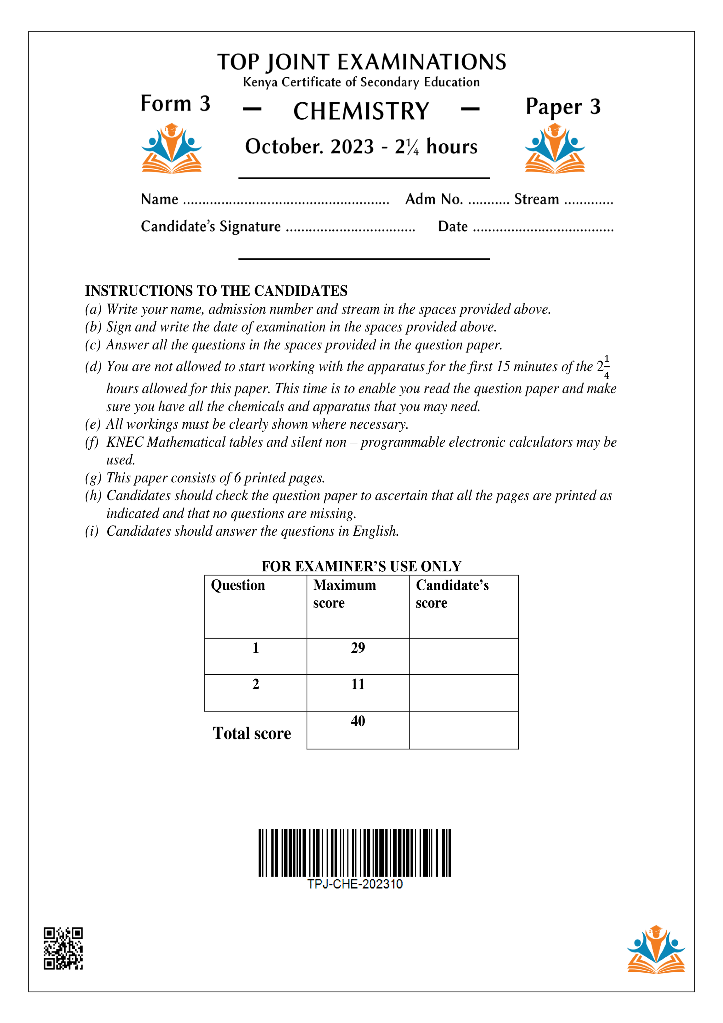 CHEMISTRY FORM 3 PAPER 3 END TERM 3 2023