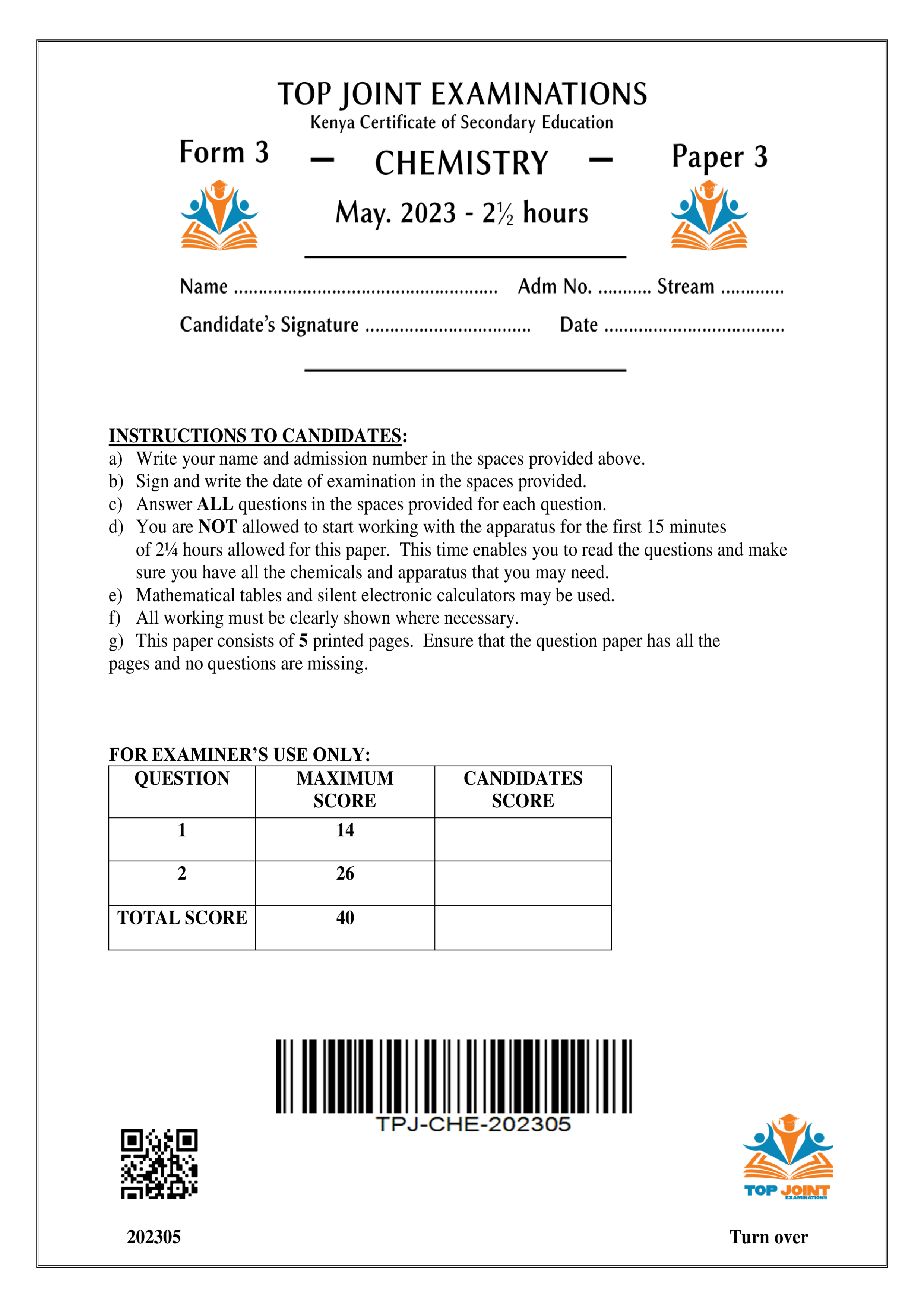 CHEMISTRY FORM 3 PAPER 3 OPENER TERM 2 2023