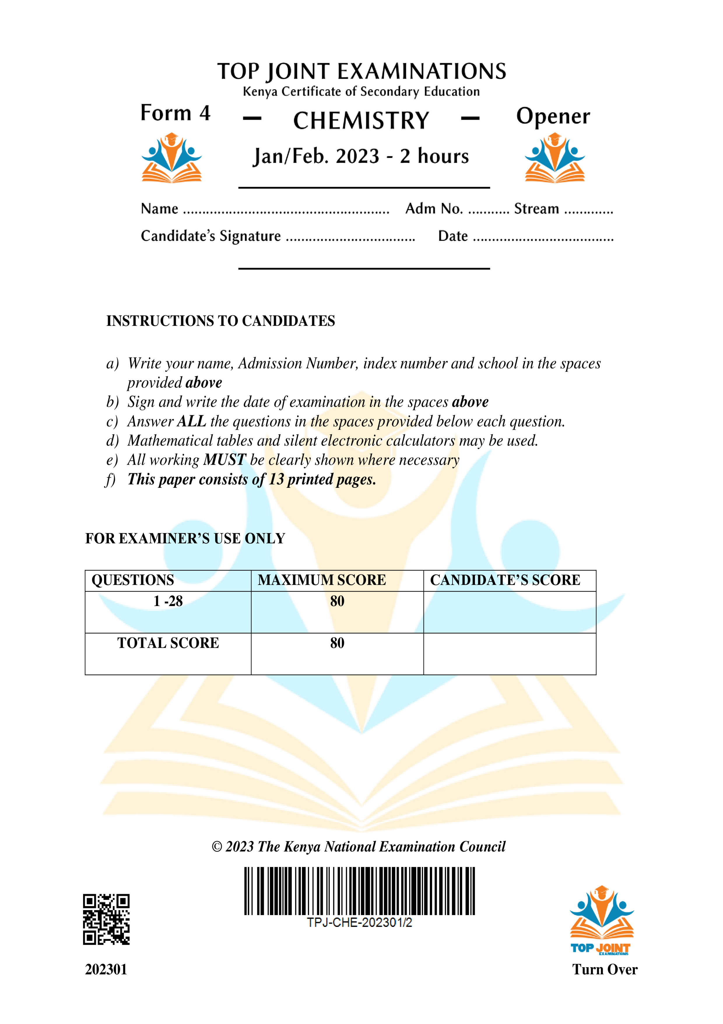 CHEMISTRY FORM 4 OPENER TERM 1 2023