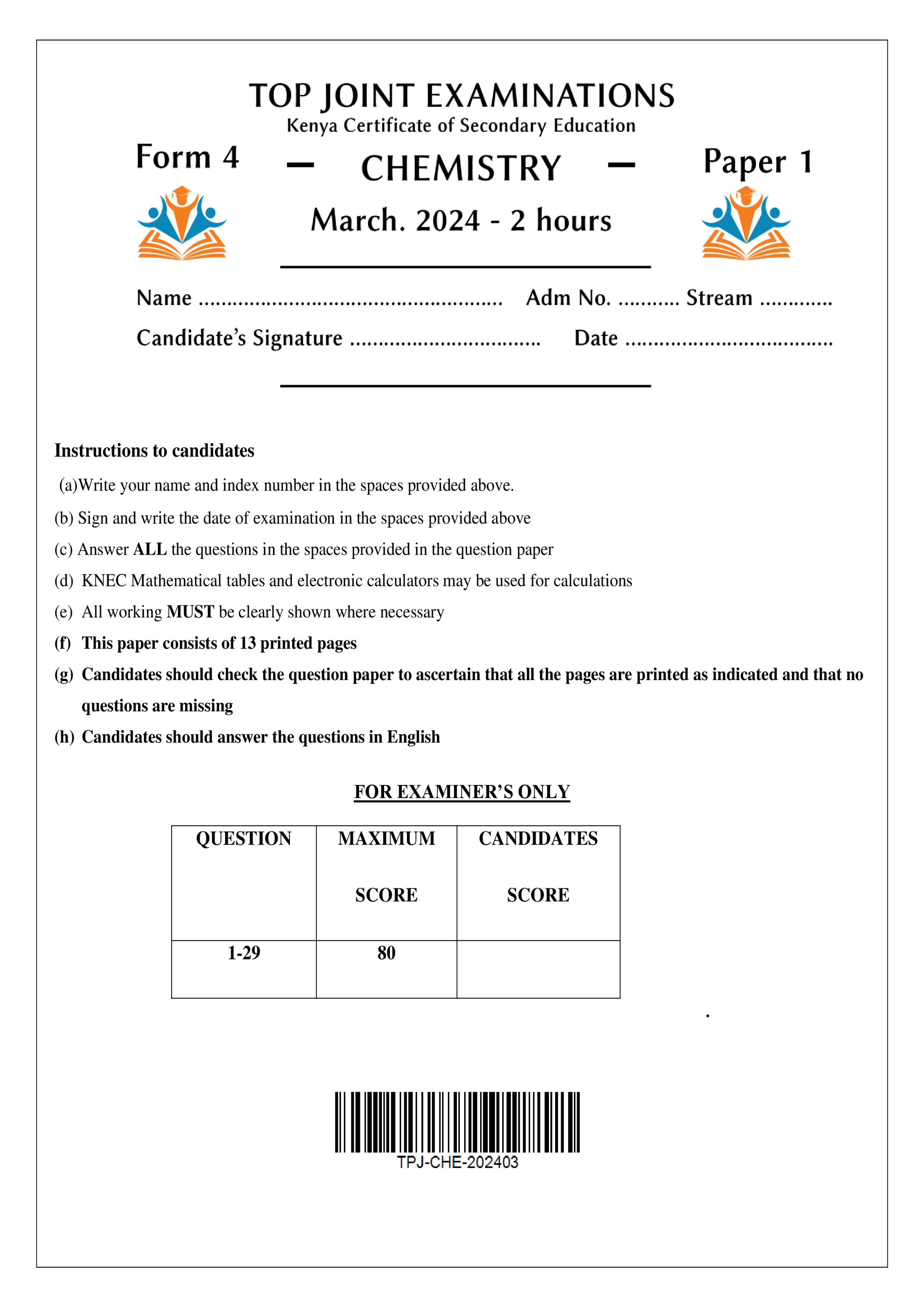 CHEMISTRY FORM 4 PAPER 1 END TERM 1 2024