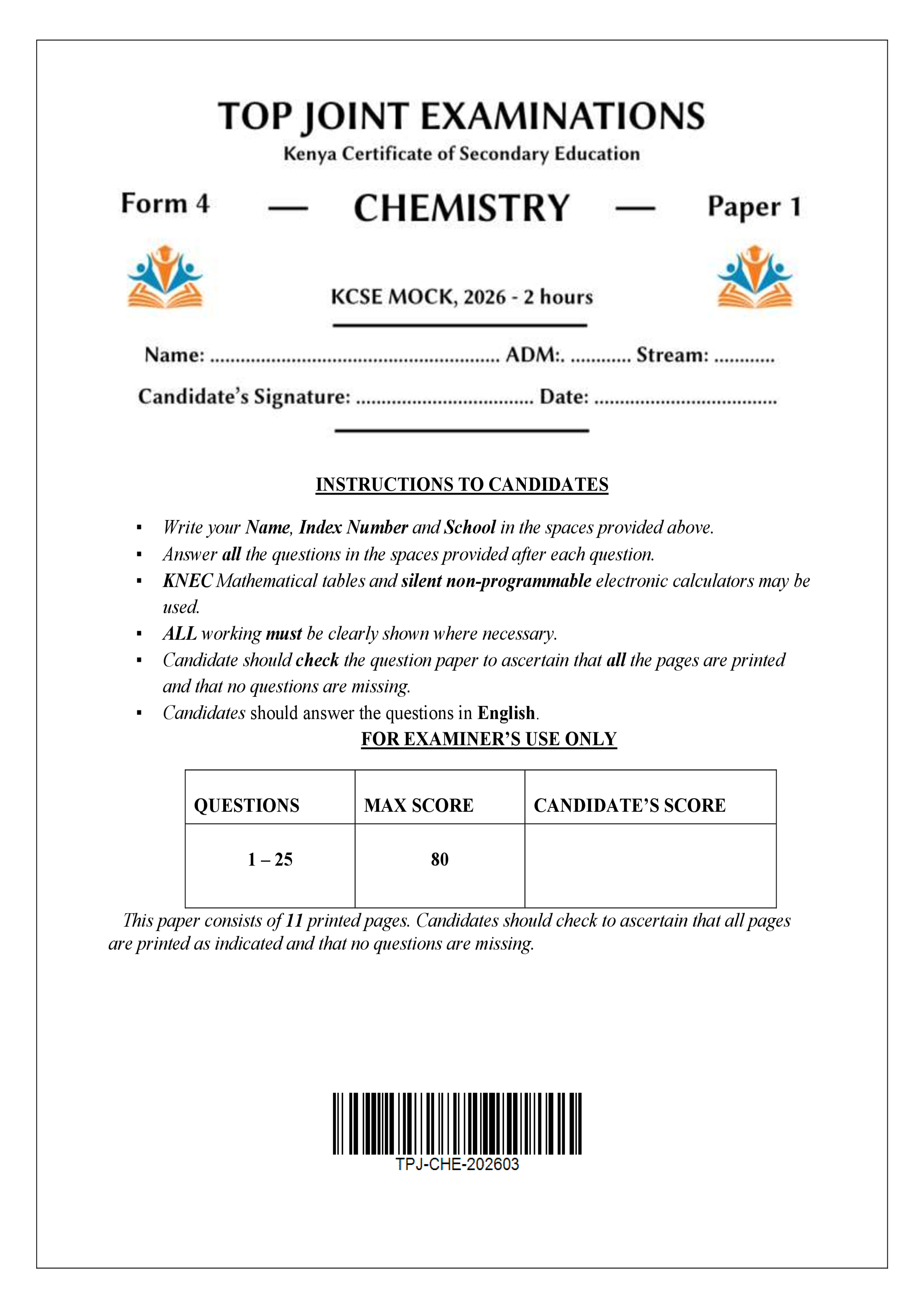 CHEMISTRY FORM 4 PAPER 1 END TERM 1 2026