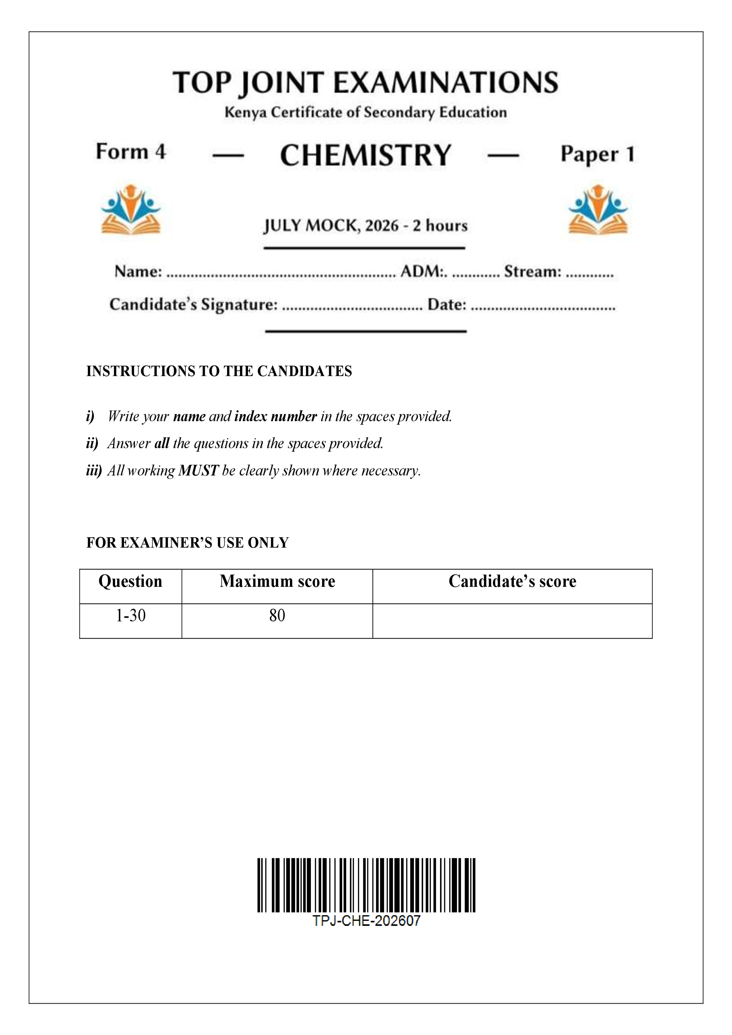 CHEMISTRY FORM 4 PAPER 1 END TERM 2 2026