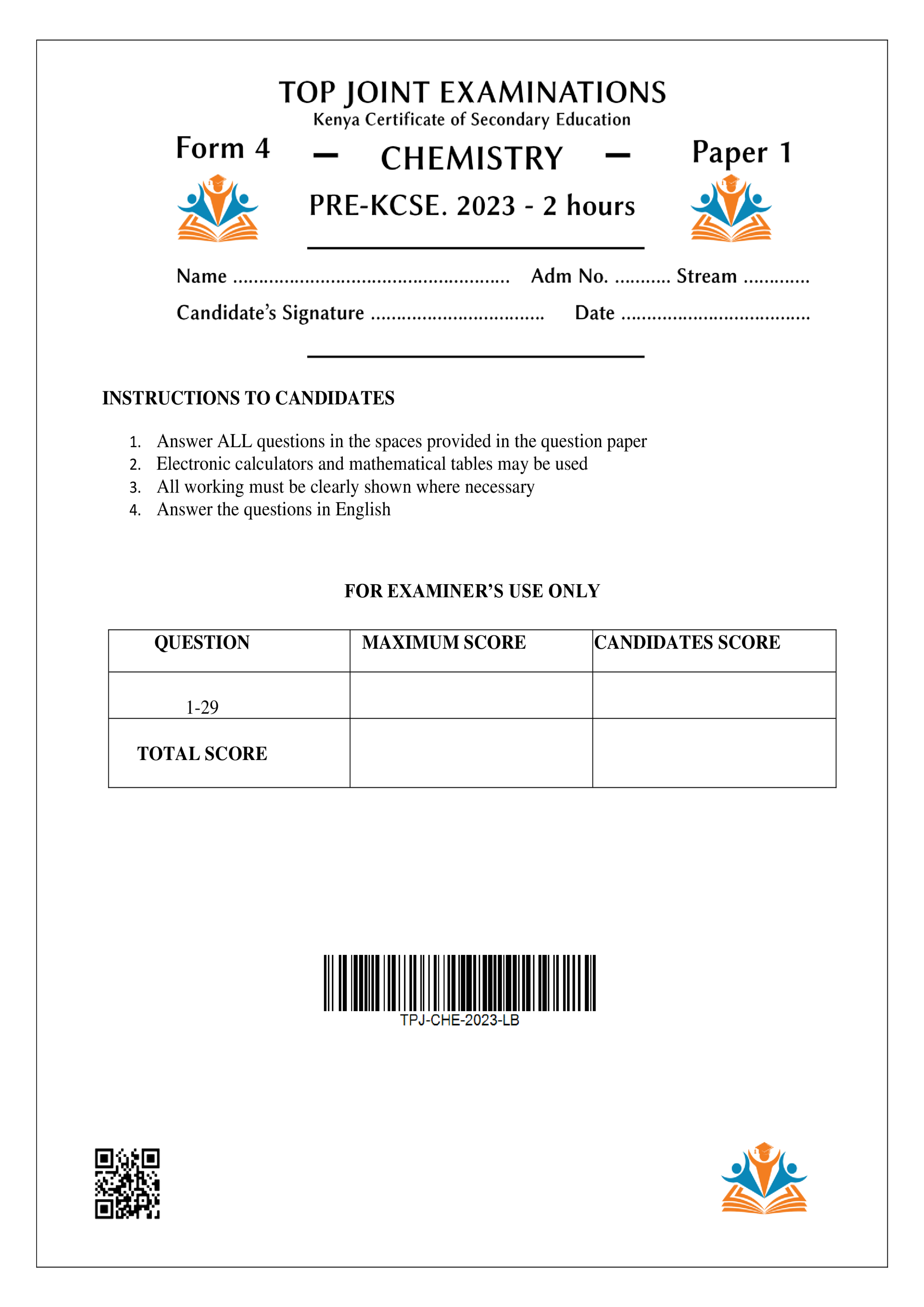 CHEMISTRY FORM 4 PAPER 1 PRE-KCSE 2023