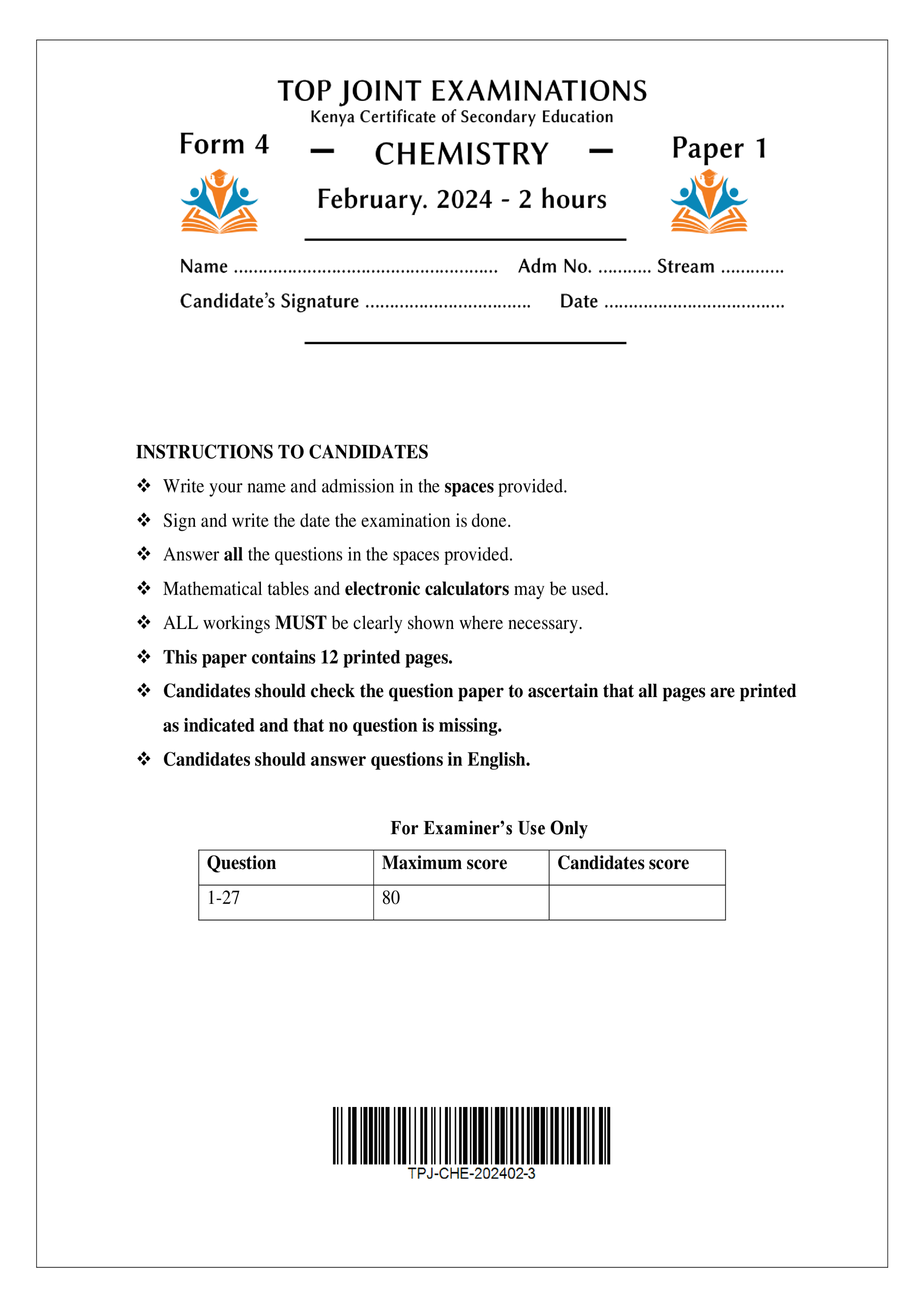 CHEMISTRY FORM 4 PAPER 1 MID TERM 1 2024