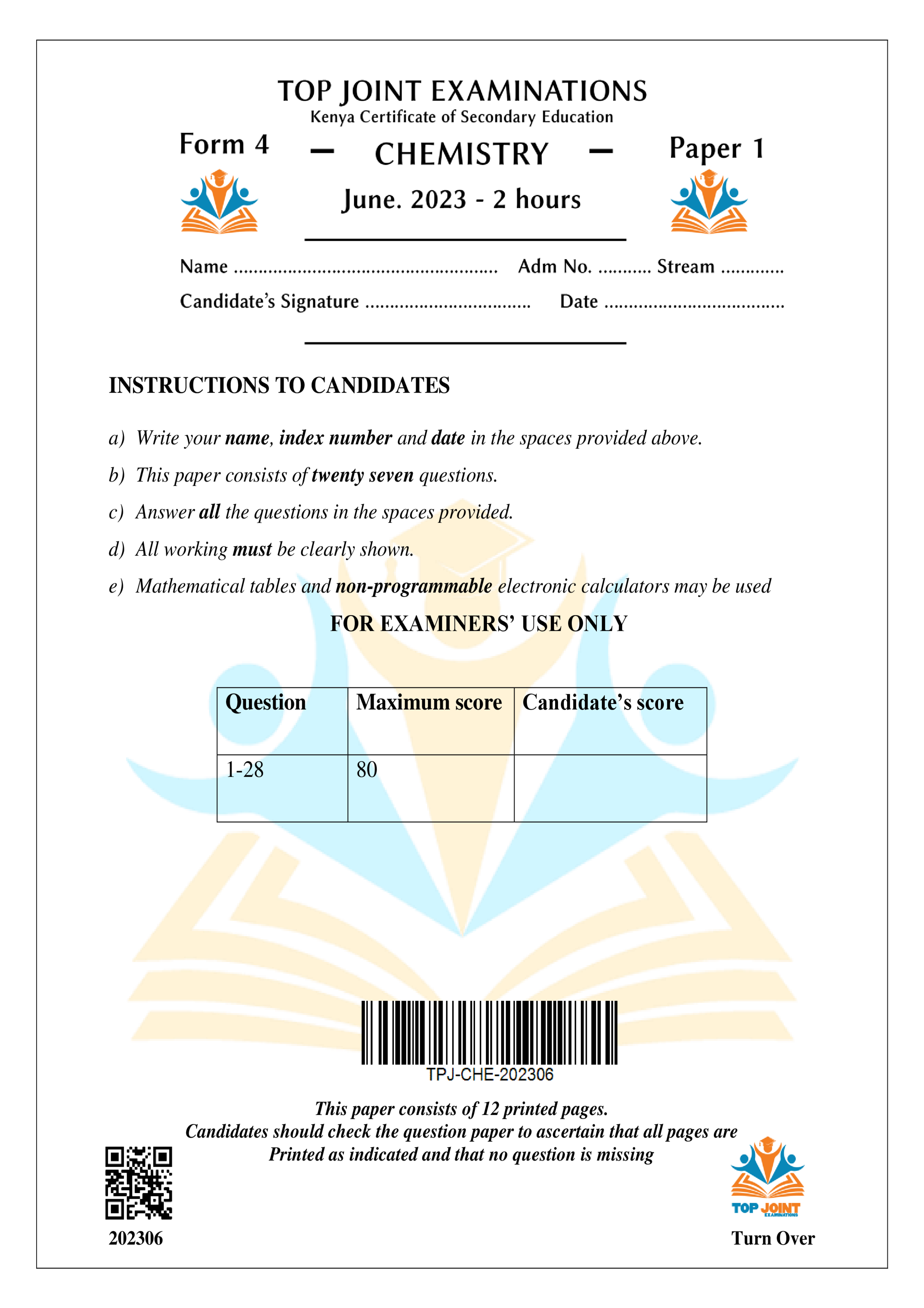 CHEMISTRY FORM 4 PAPER 1 MID TERM 2 2023