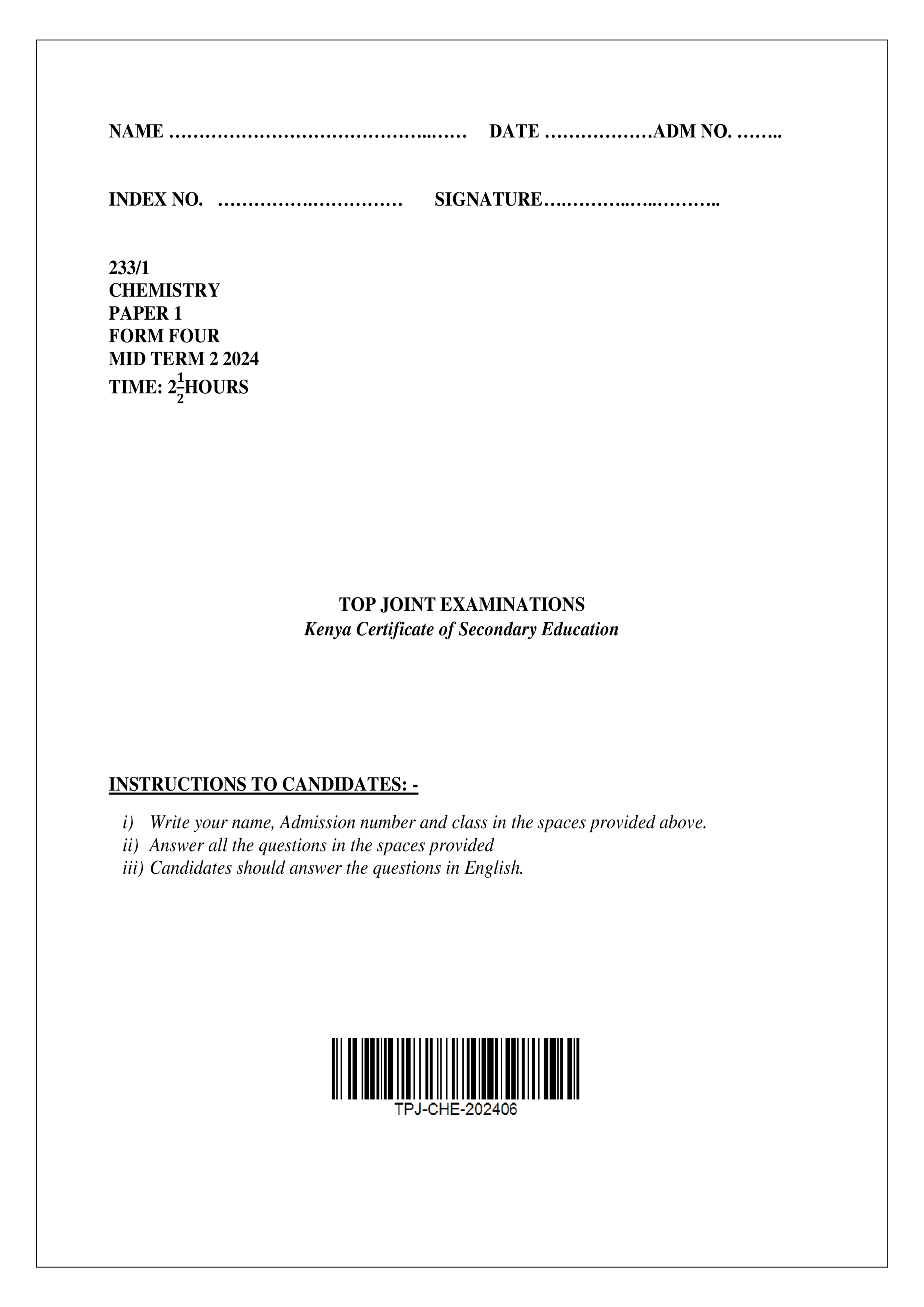CHEMISTRY FORM 4 PAPER 1 MID TERM 2 2024